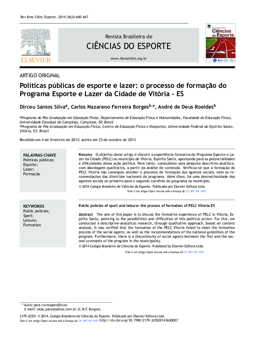 Políticas públicas de esporte e lazer: o processo de formação do Programa Esporte e Lazer da Cidade de Vitória - ES