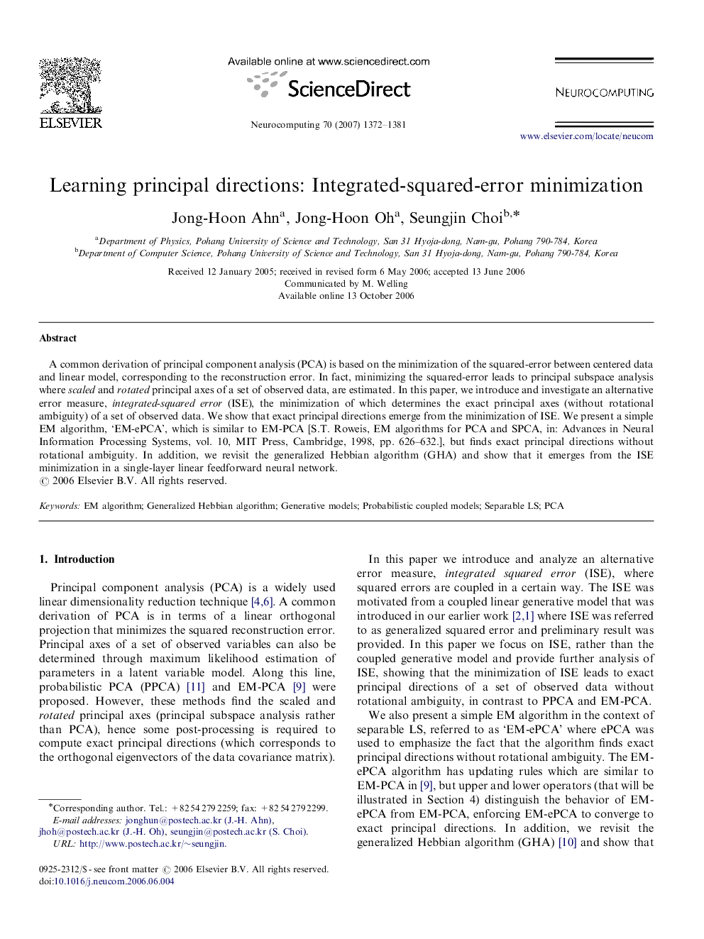 Learning principal directions: Integrated-squared-error minimization