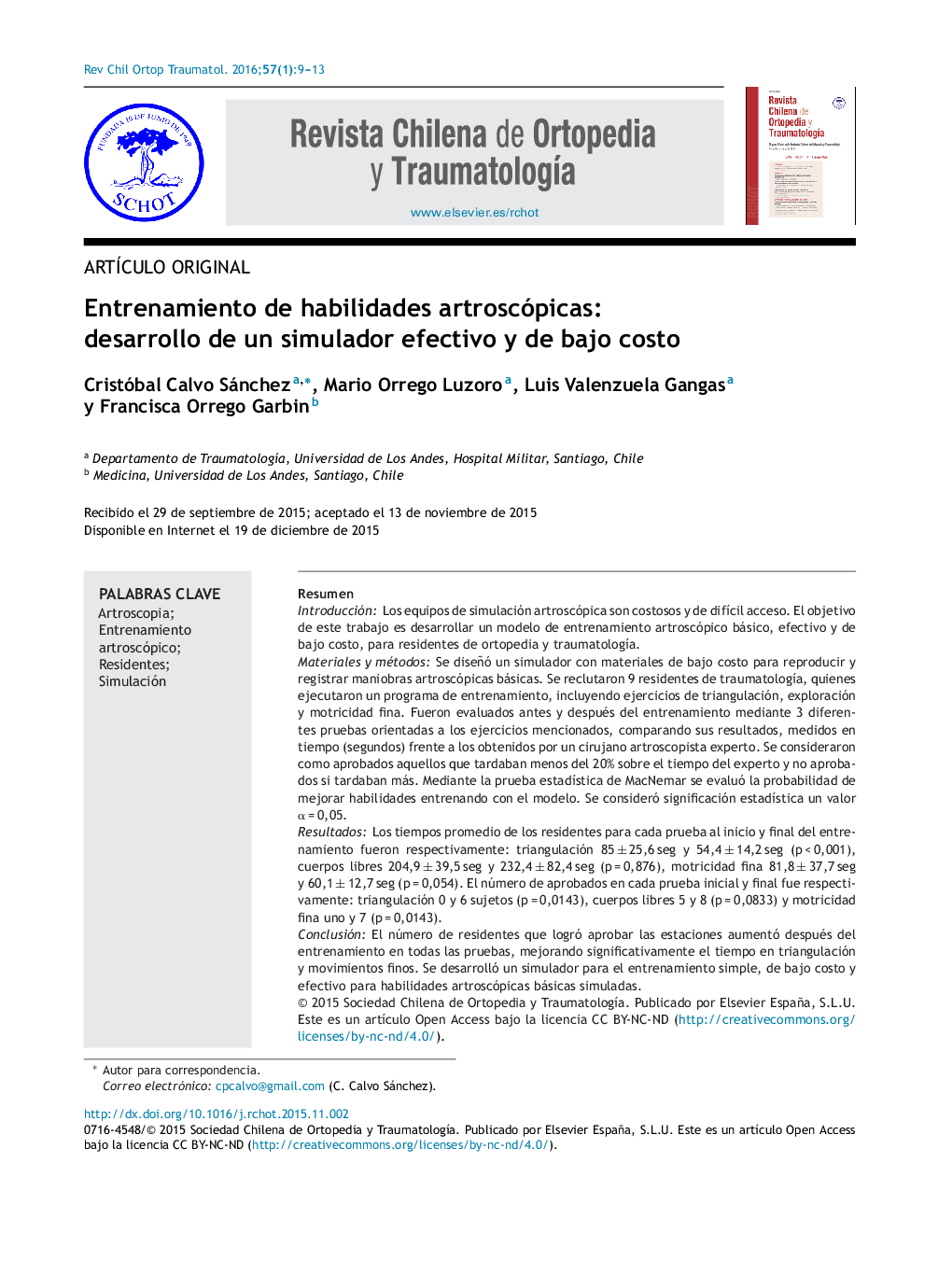 Entrenamiento de habilidades artroscópicas: desarrollo de un simulador efectivo y de bajo costo