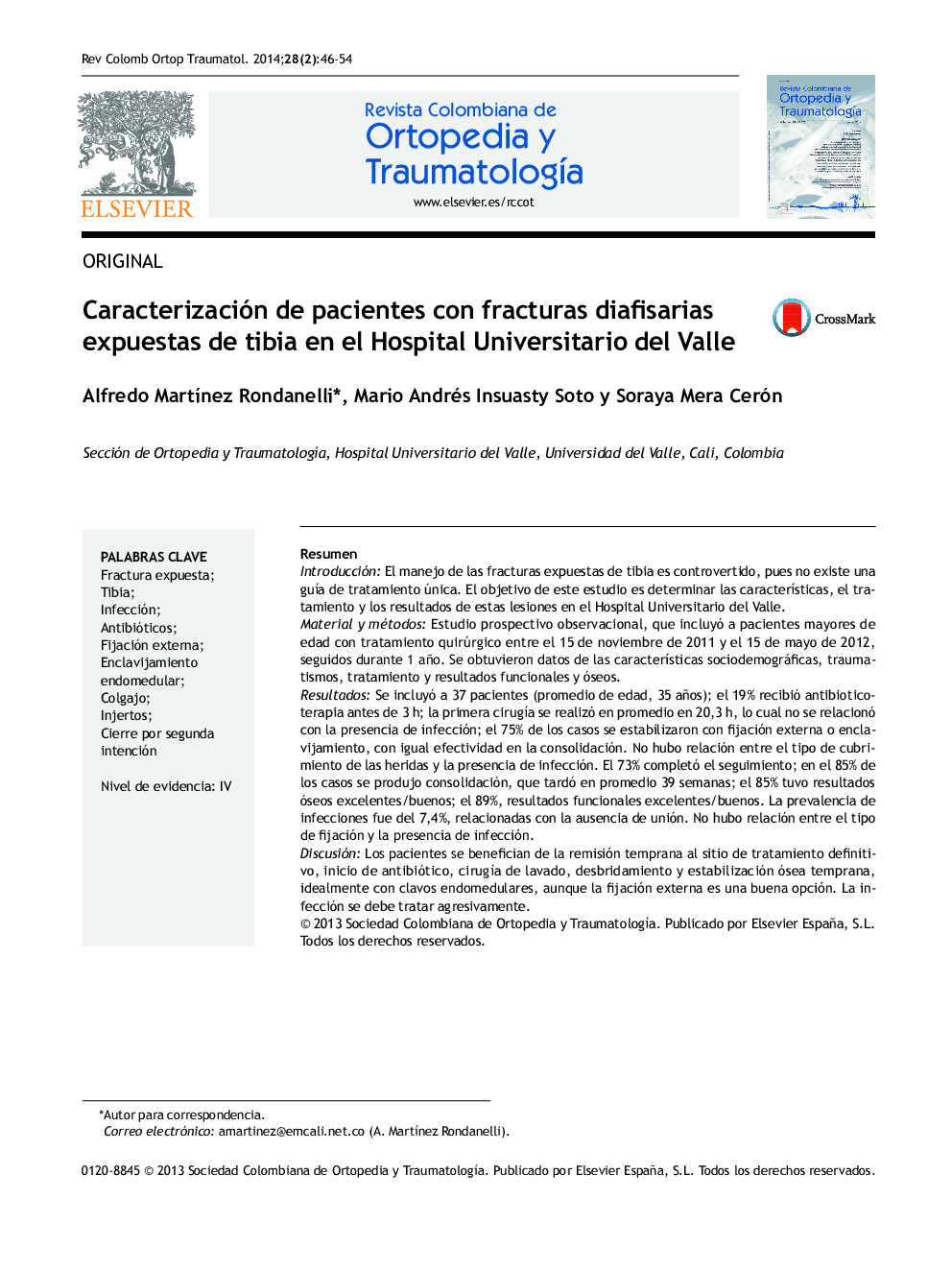 عکس صفحه اول مقاله: Caracterización de pacientes con fracturas diafisarias expuestas de tibia en el Hospital Universitario del Valle Caracterización de pacientes con fracturas diafisarias expuestas de tibia en el Hospital Universitario del Valle