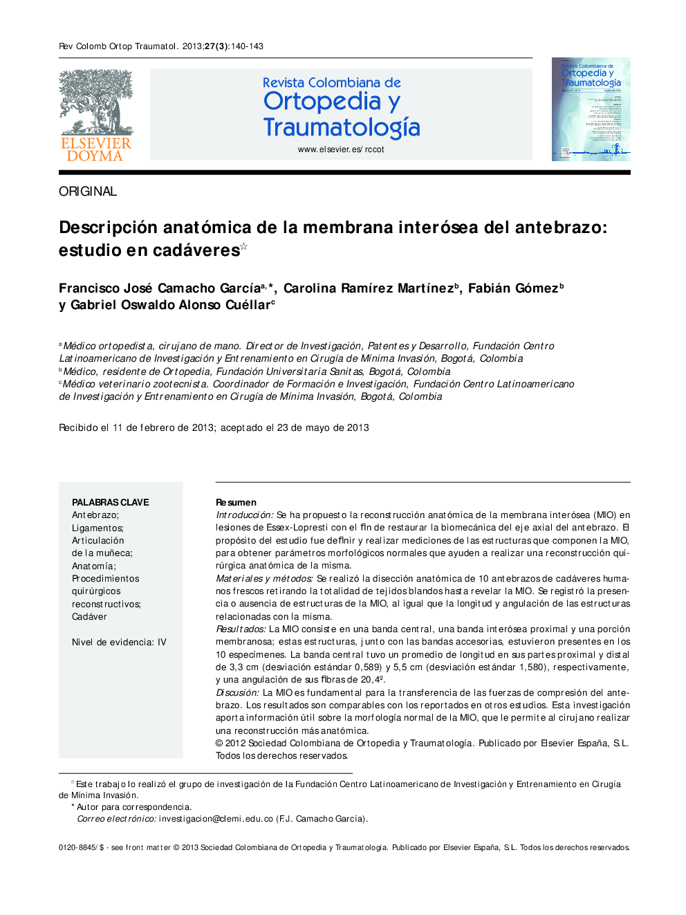 Descripción anatómica de la membrana interósea del antebrazo: estudio en cadáveres