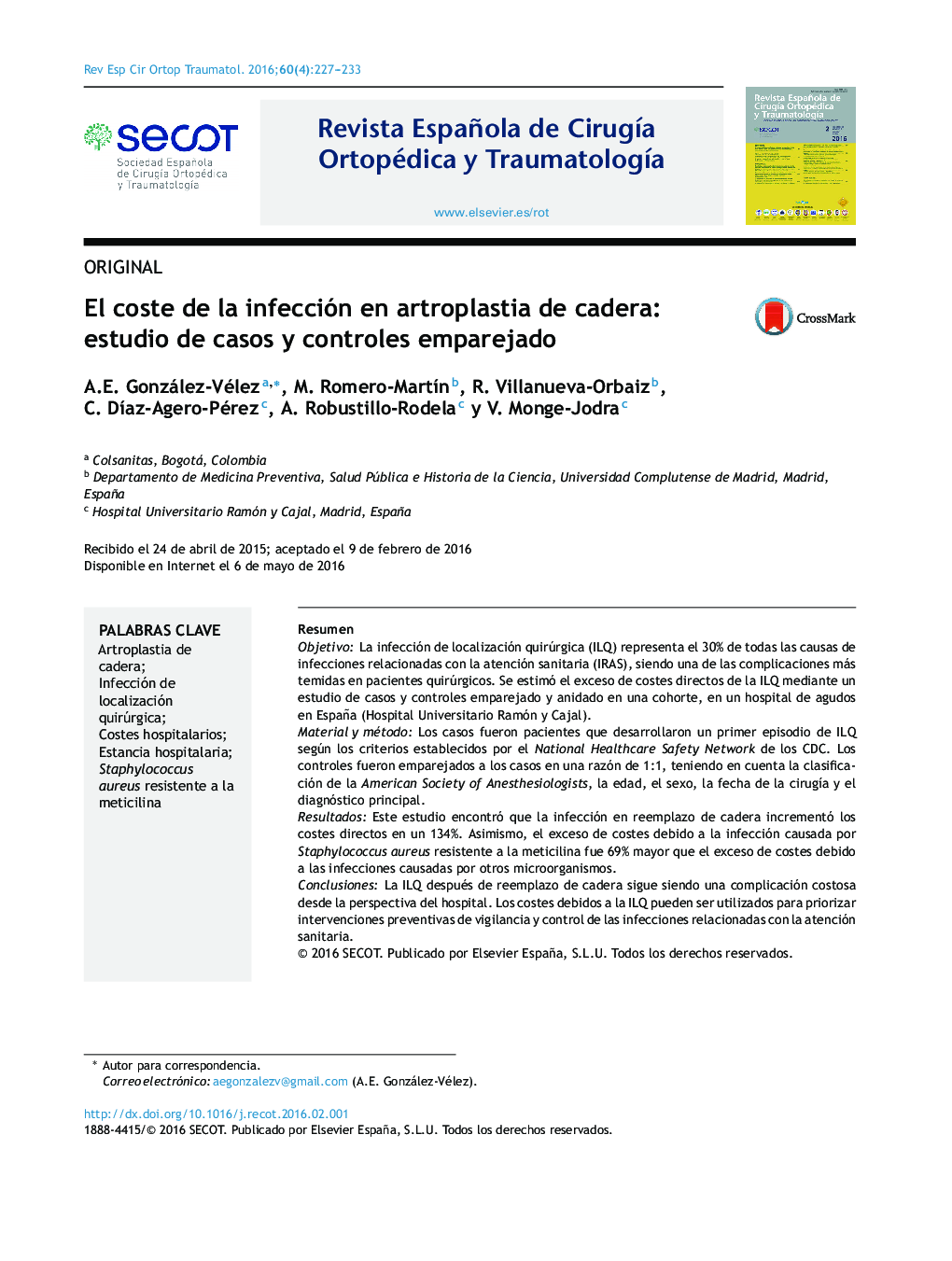 El coste de la infección en artroplastia de cadera: estudio de casos y controles emparejado