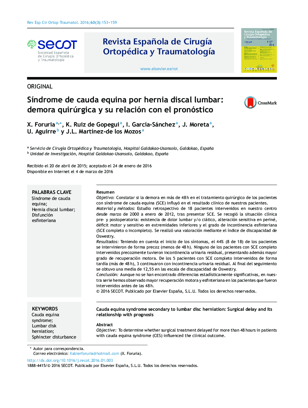 Síndrome de cauda equina por hernia discal lumbar: demora quirúrgica y su relación con el pronóstico