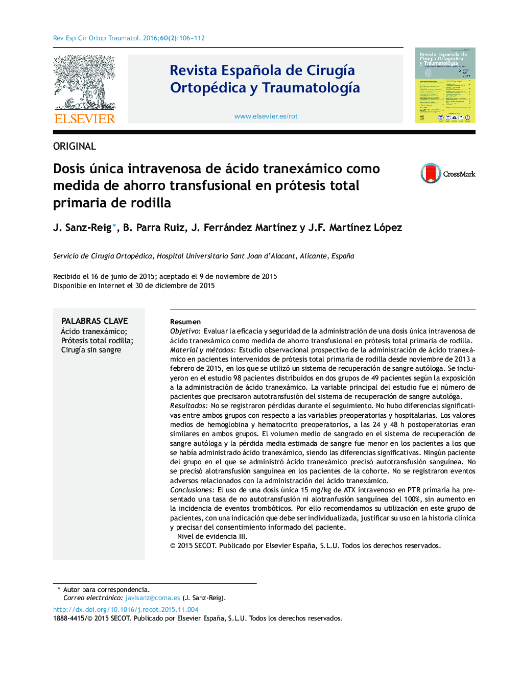 Dosis única intravenosa de ácido tranexámico como medida de ahorro transfusional en prótesis total primaria de rodilla