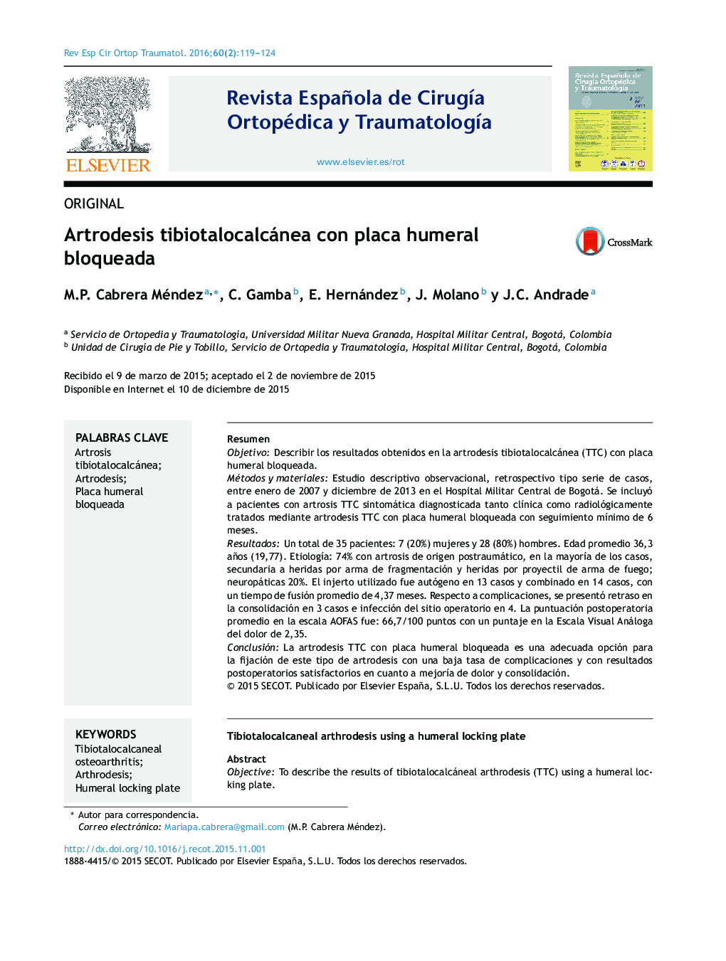 Artrodesis tibiotalocalcánea con placa humeral bloqueada