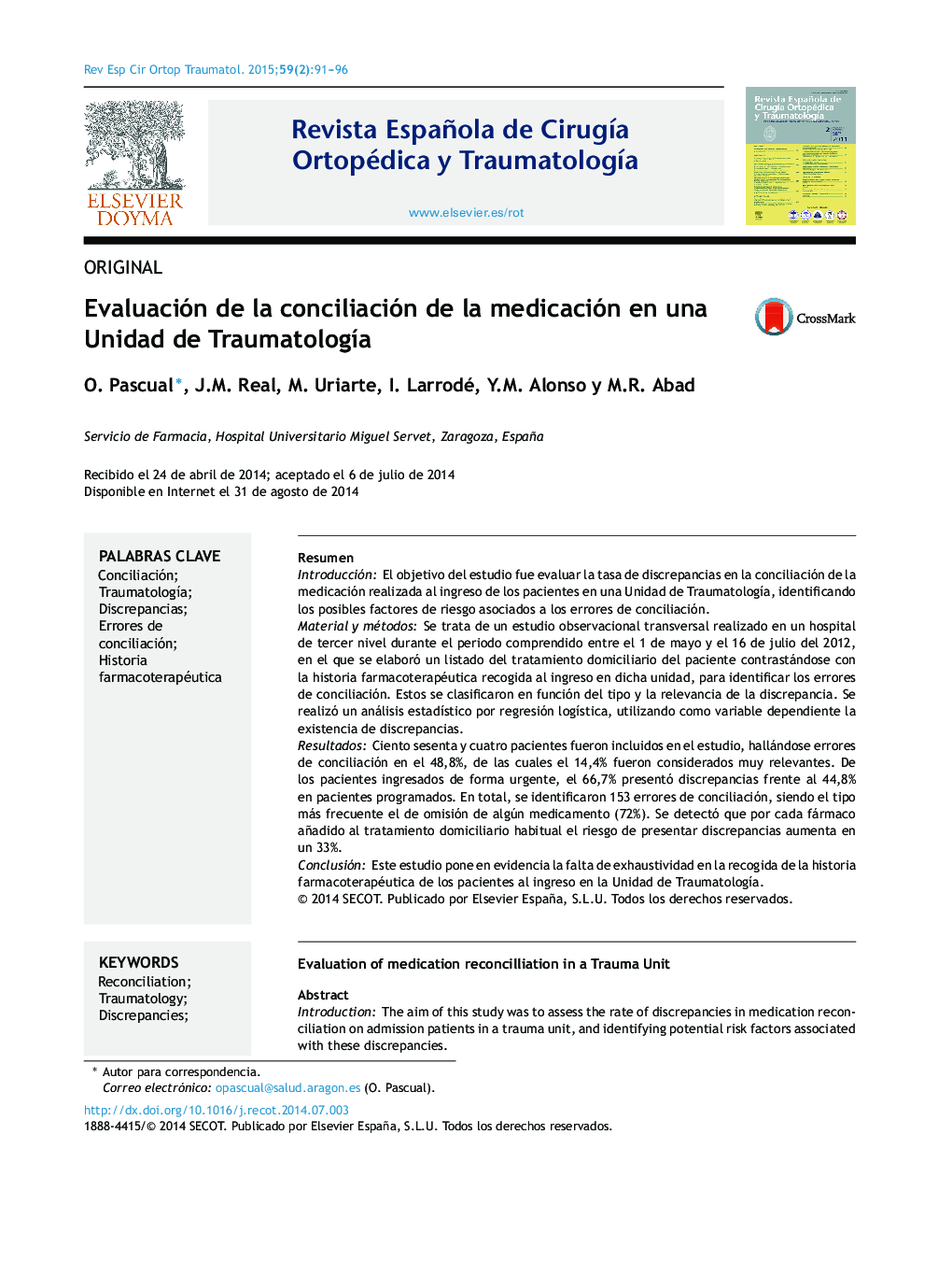 Evaluación de la conciliación de la medicación en una Unidad de Traumatología