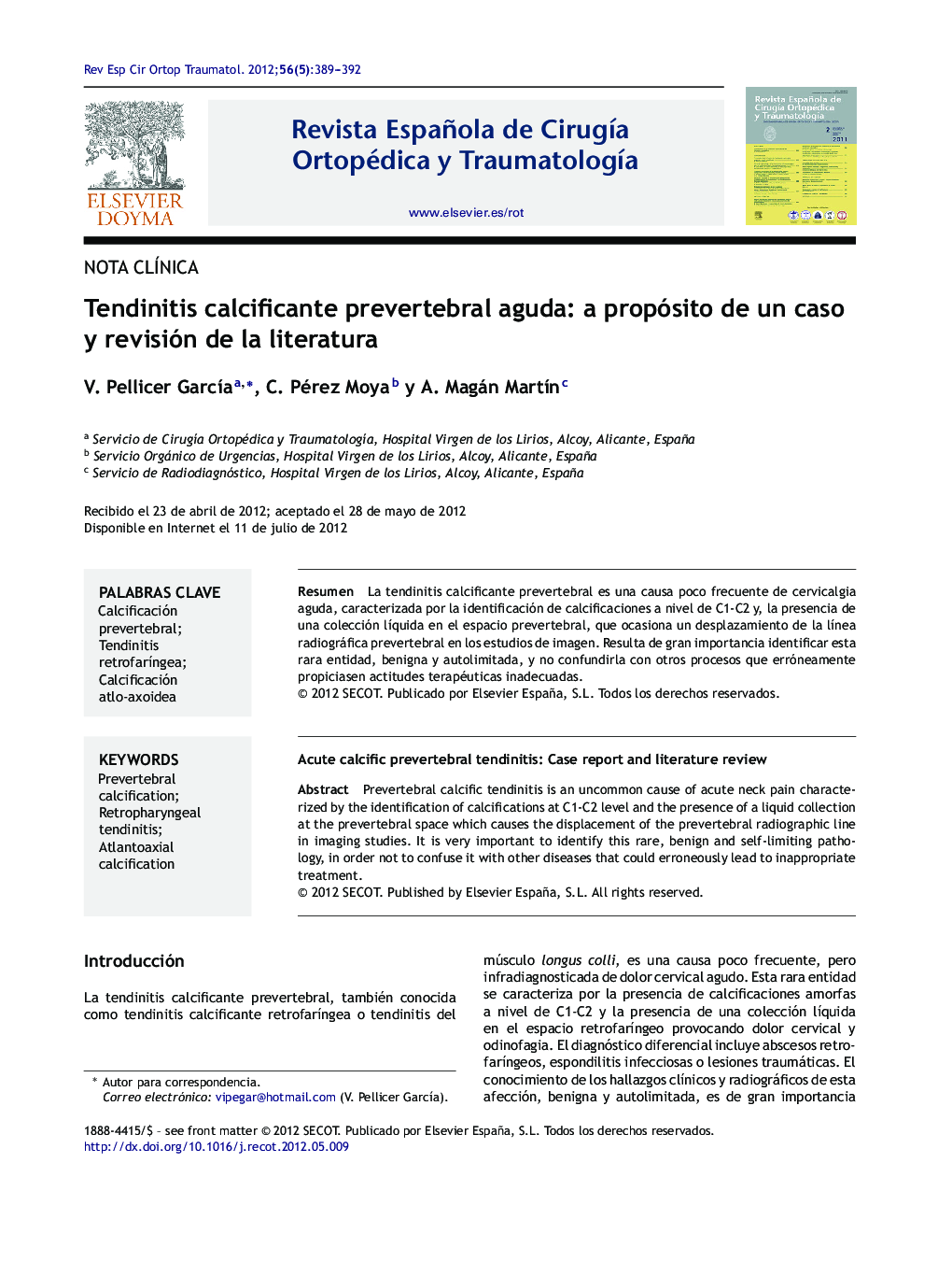 Tendinitis calcificante prevertebral aguda: a propósito de un caso y revisión de la literatura