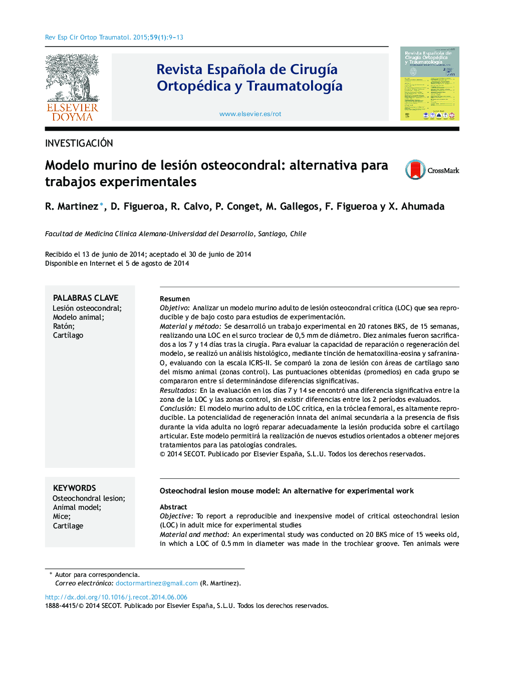 Modelo murino de lesión osteocondral: alternativa para trabajos experimentales