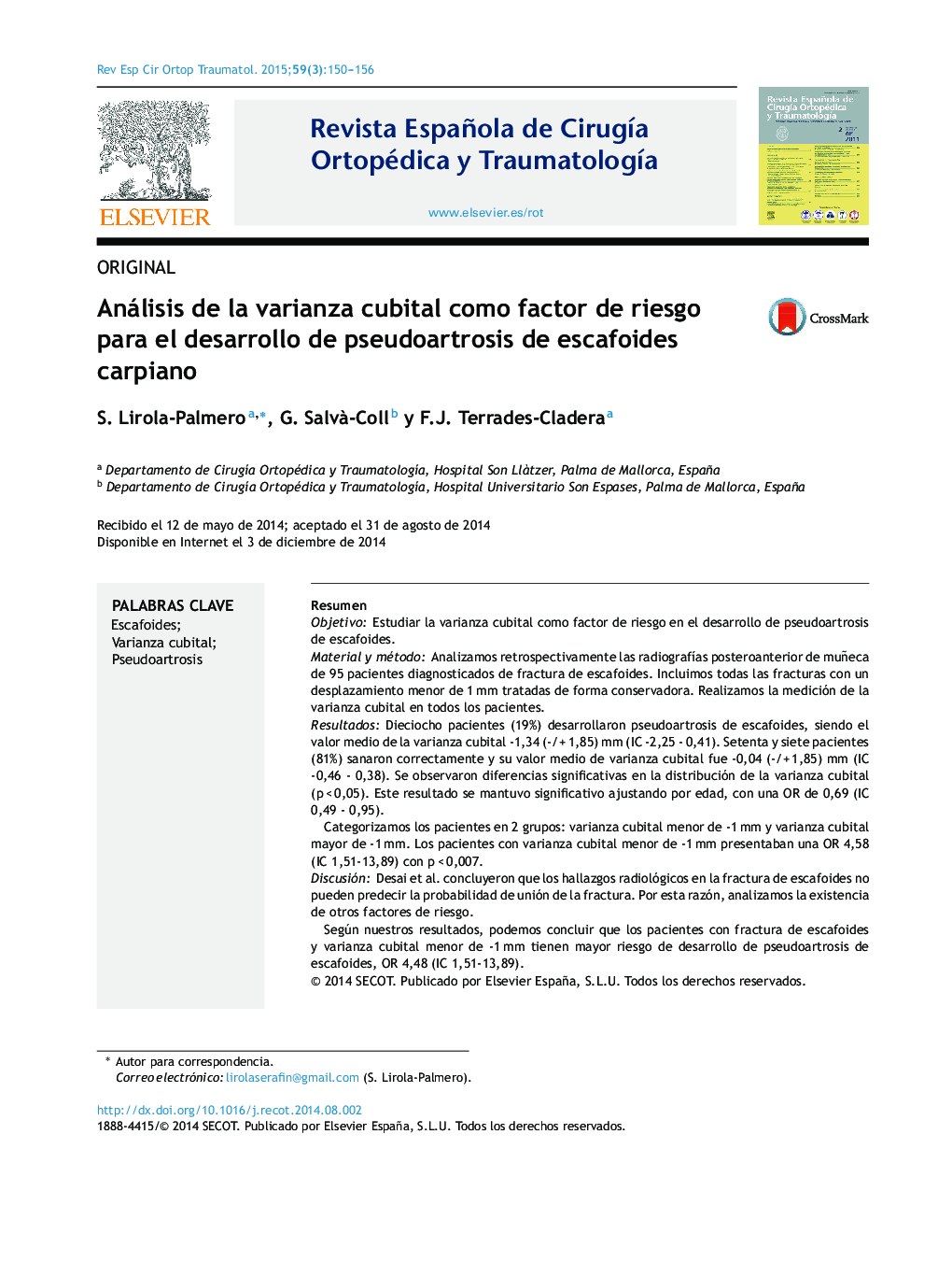 Análisis de la varianza cubital como factor de riesgo para el desarrollo de pseudoartrosis de escafoides carpiano