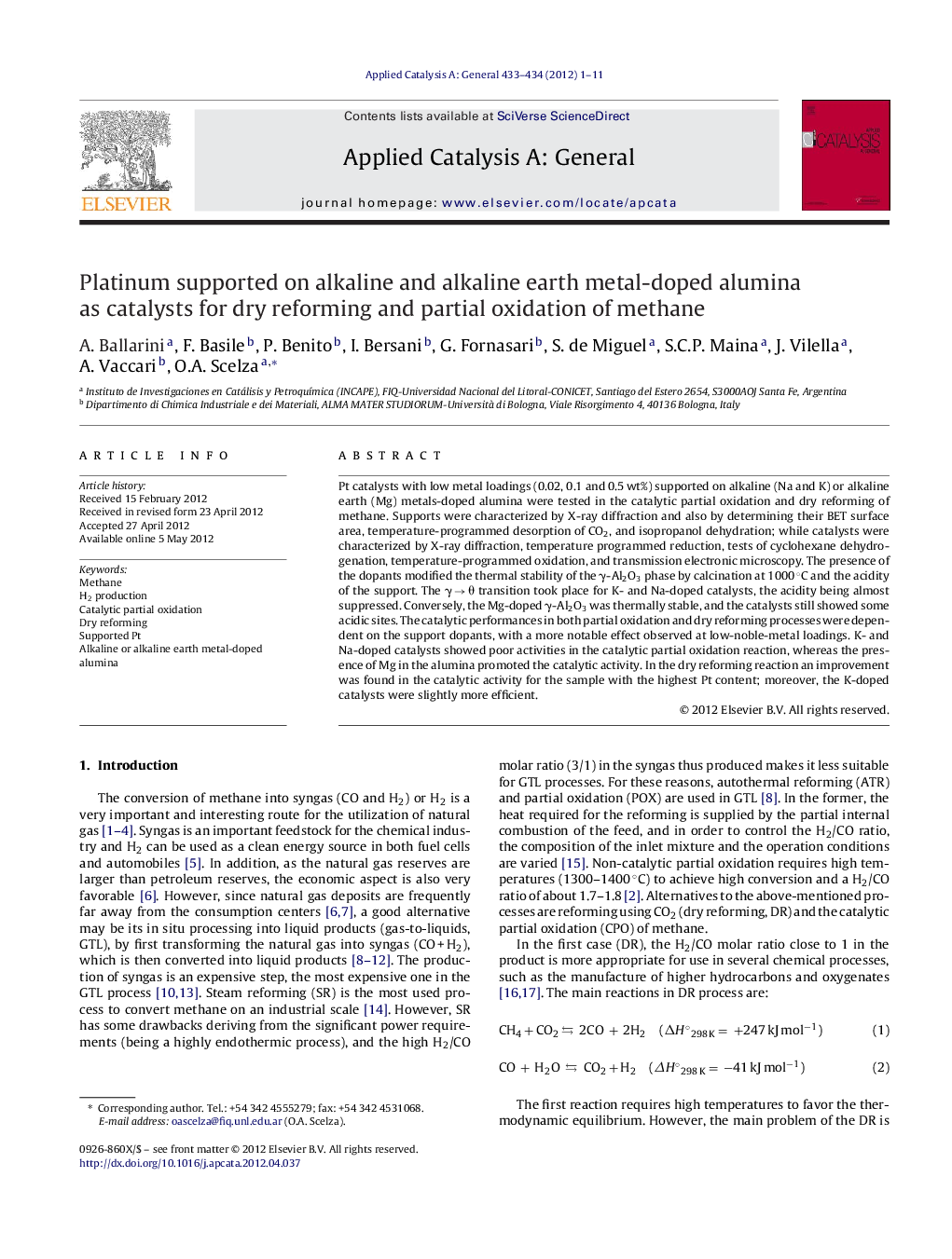 Platinum supported on alkaline and alkaline earth metal-doped alumina as catalysts for dry reforming and partial oxidation of methane