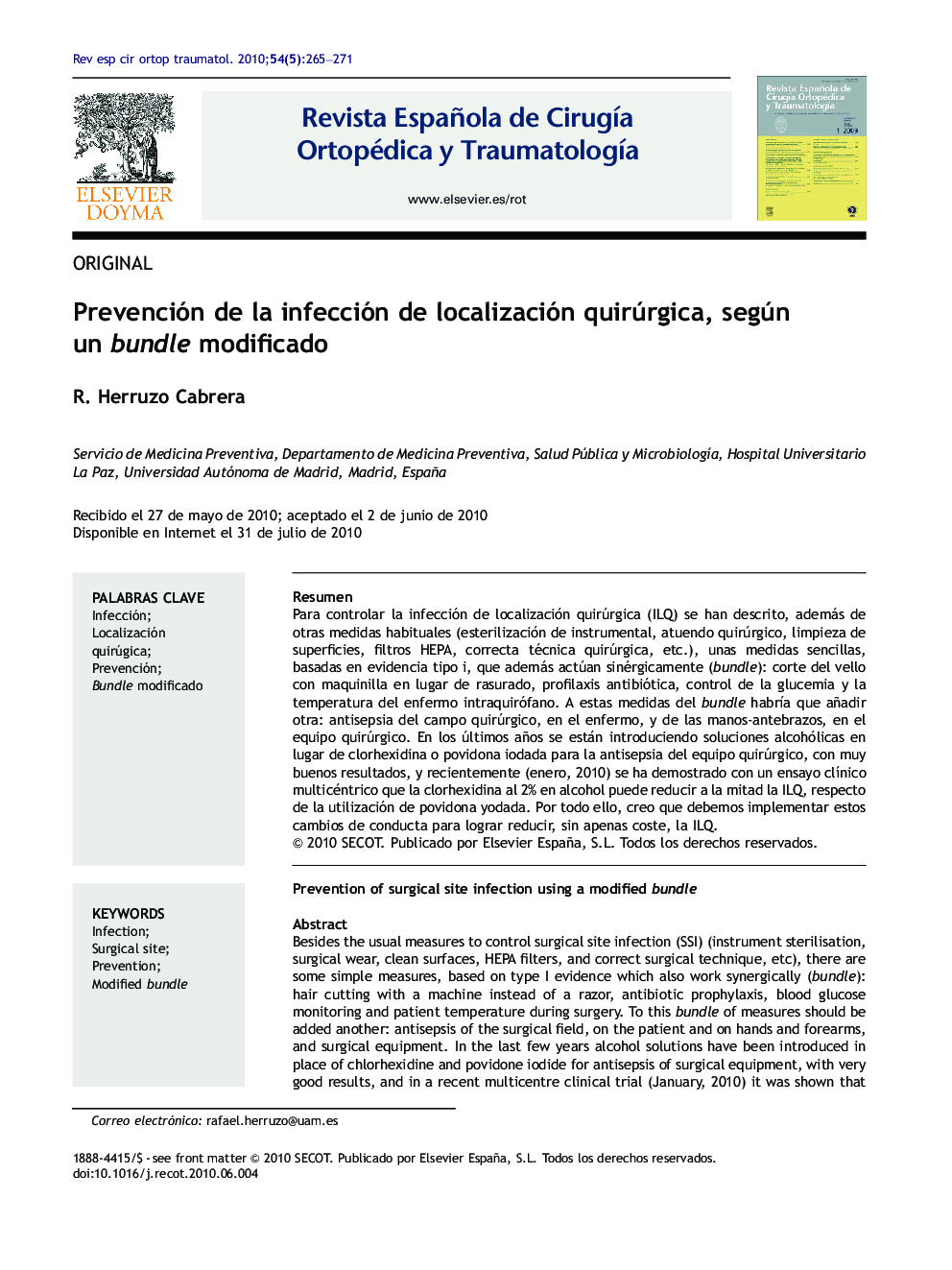 Prevención de la infección de localización quirúrgica, según un bundle modificado