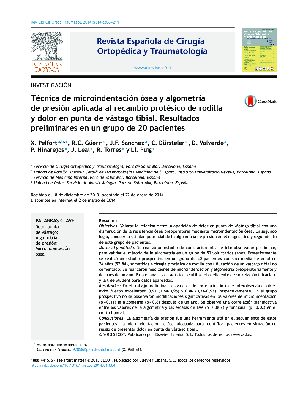 Técnica de microindentación ósea y algometría de presión aplicada al recambio protésico de rodilla y dolor en punta de vástago tibial. Resultados preliminares en un grupo de 20 pacientes