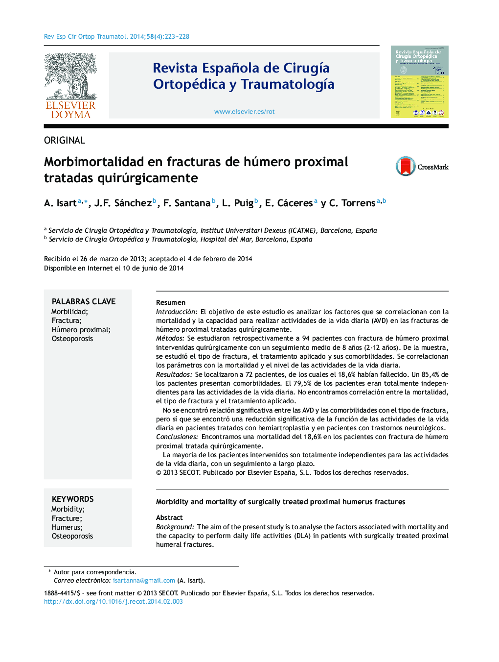 Morbimortalidad en fracturas de húmero proximal tratadas quirúrgicamente