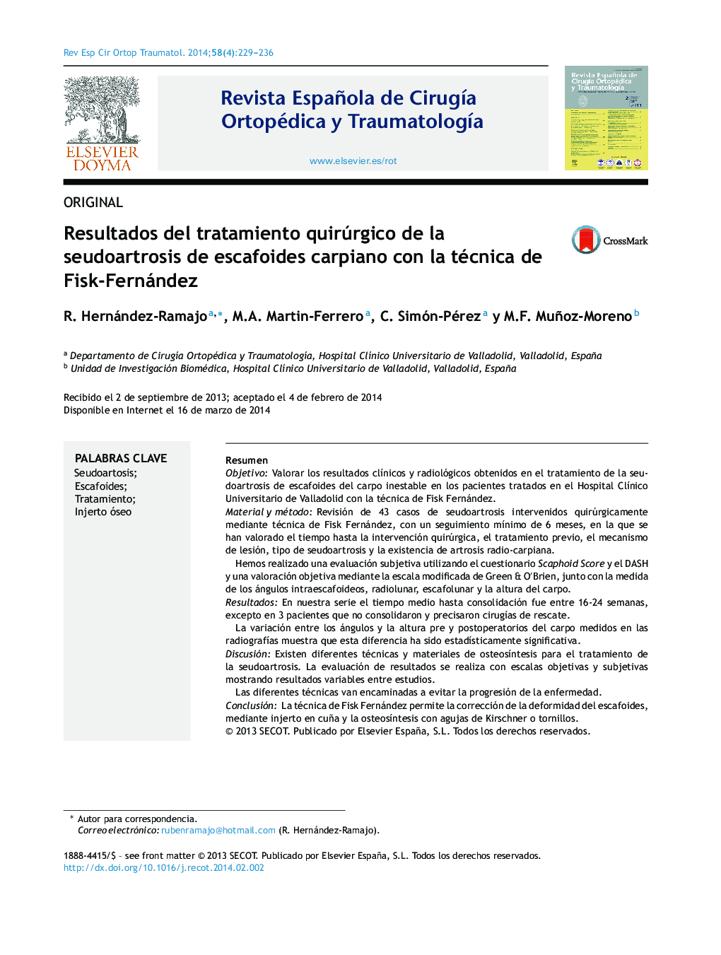 Resultados del tratamiento quirúrgico de la seudoartrosis de escafoides carpiano con la técnica de Fisk-Fernández