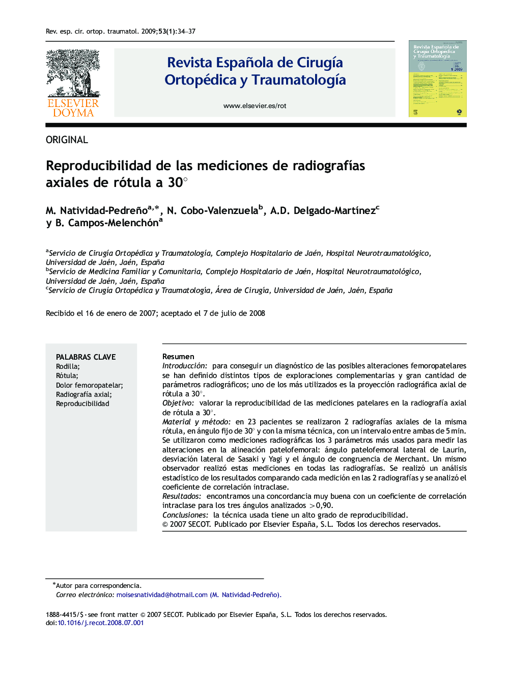 Reproducibilidad de las mediciones de radiografÃ­as axiales de rótula a 30Â°