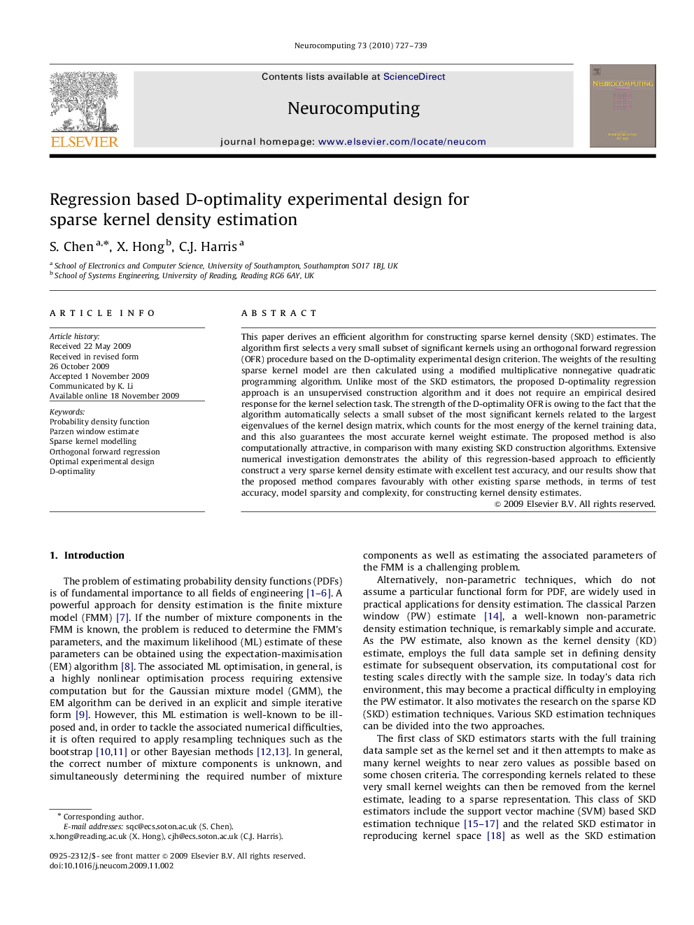 عکس صفحه اول مقاله: Regression based D-optimality experimental design for sparse kernel density estimation Regression based D-optimality experimental design for sparse kernel density estimation