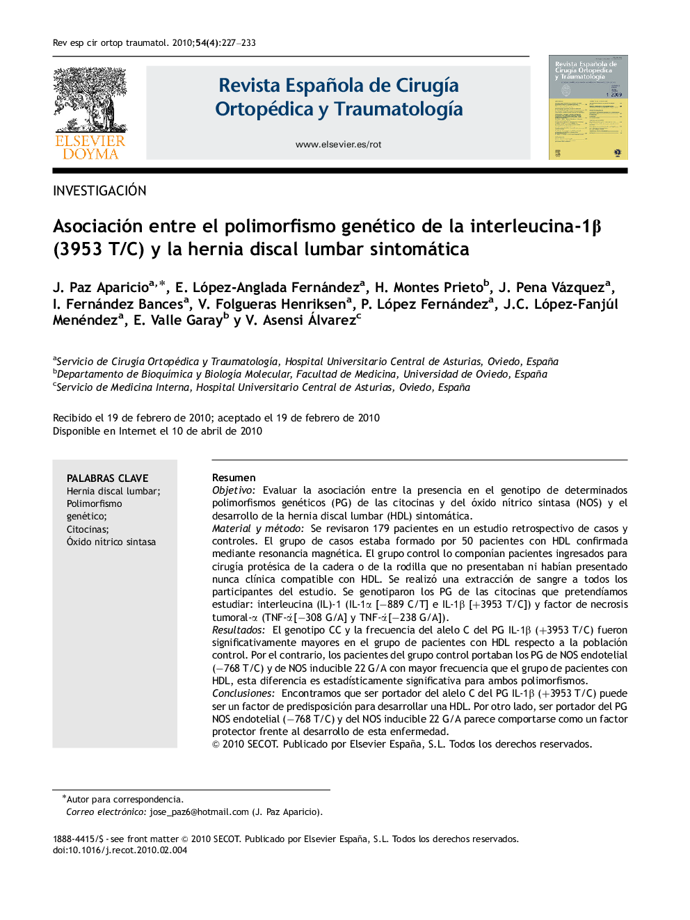 Asociación entre el polimorfismo genético de la interleucina-1Î² (3953 T/C) y la hernia discal lumbar sintomática