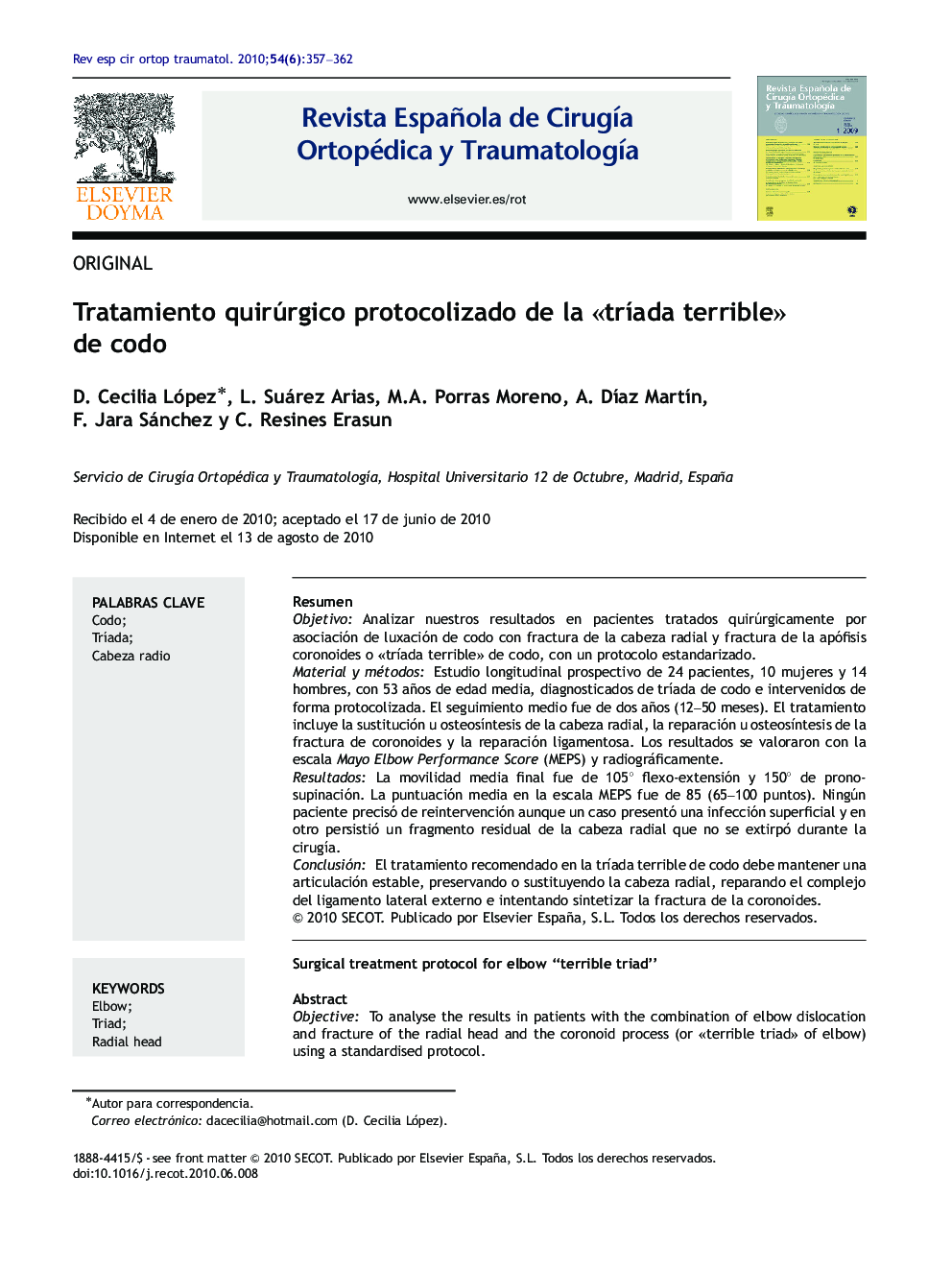 Tratamiento quirúrgico protocolizado de la Â«trÃ­ada terribleÂ» de codo