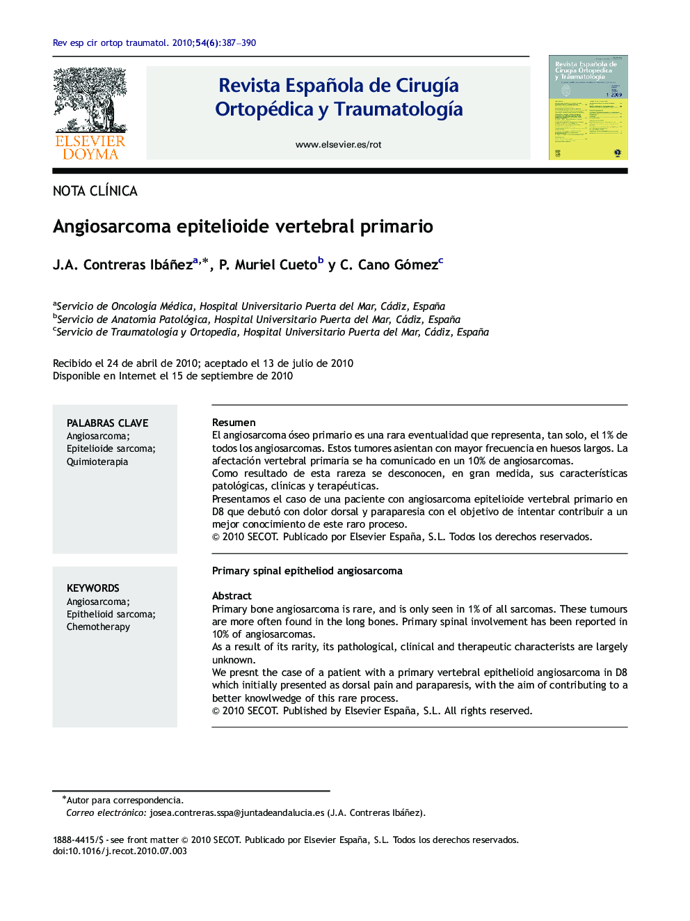 Angiosarcoma epitelioide vertebral primario