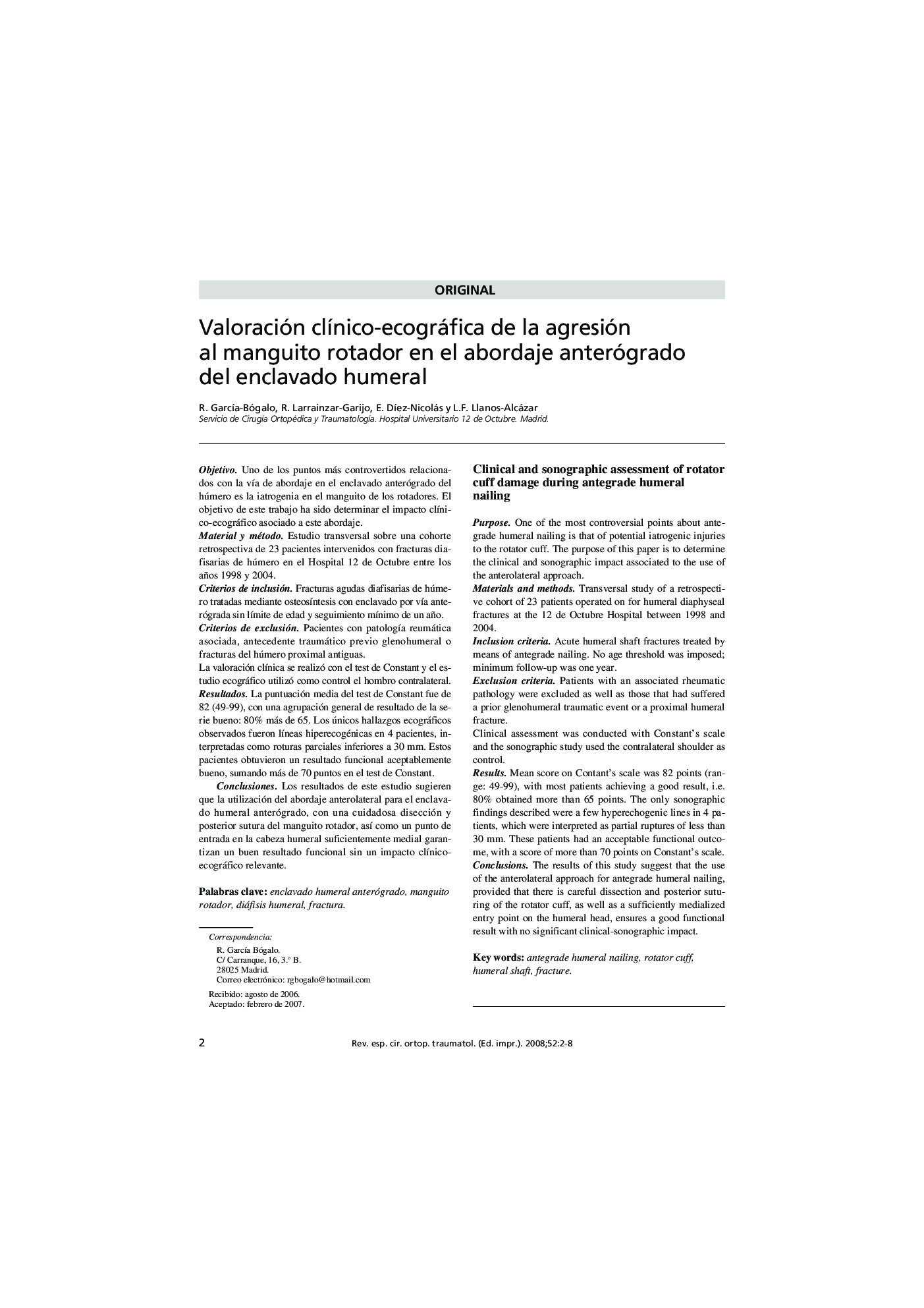 Valoración clínico-ecográfica de la agresión al manguito rotador en el abordaje anterógrado del enclavado humeral