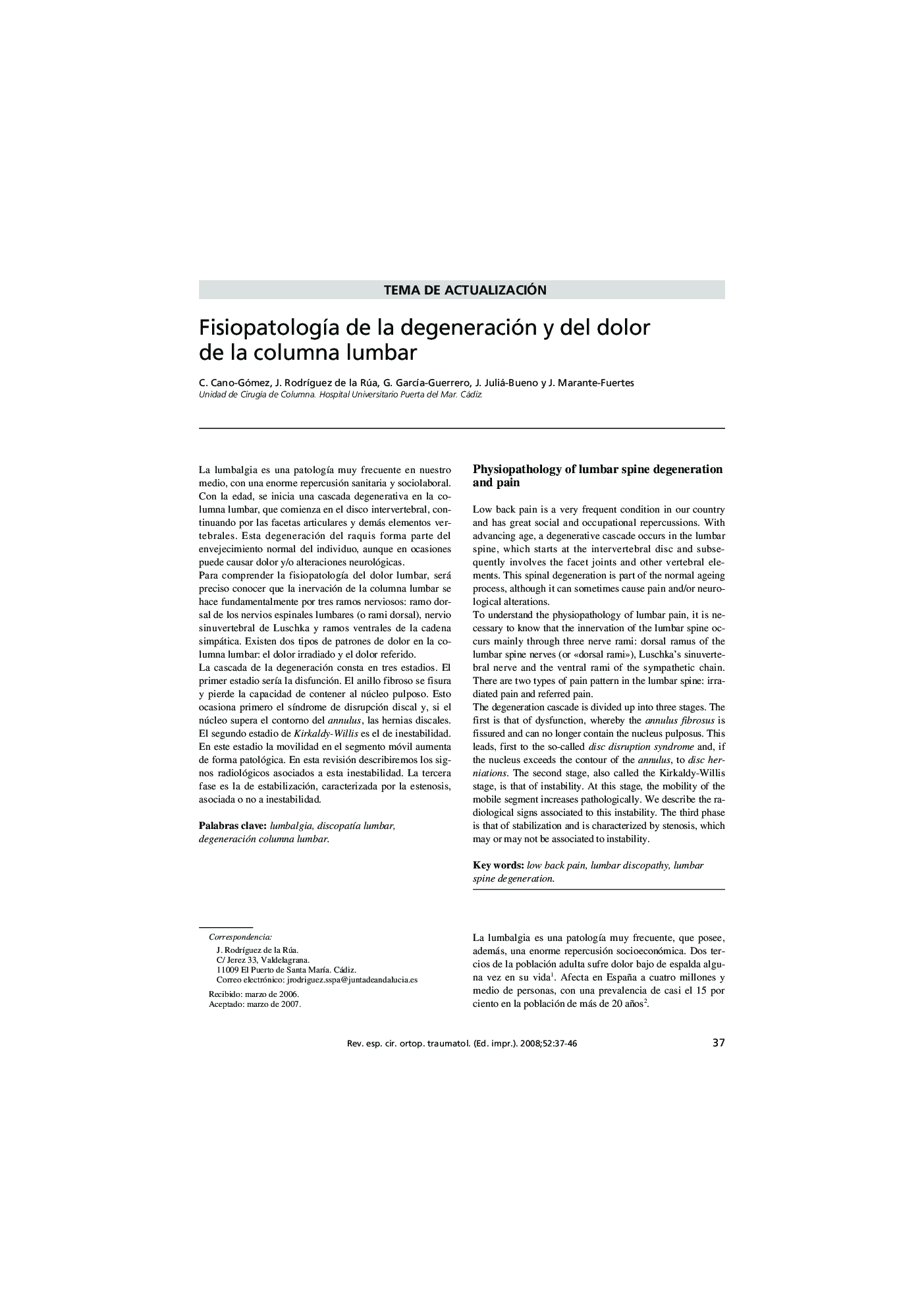 Fisiopatología de la degeneración y del dolor de la columna lumbar