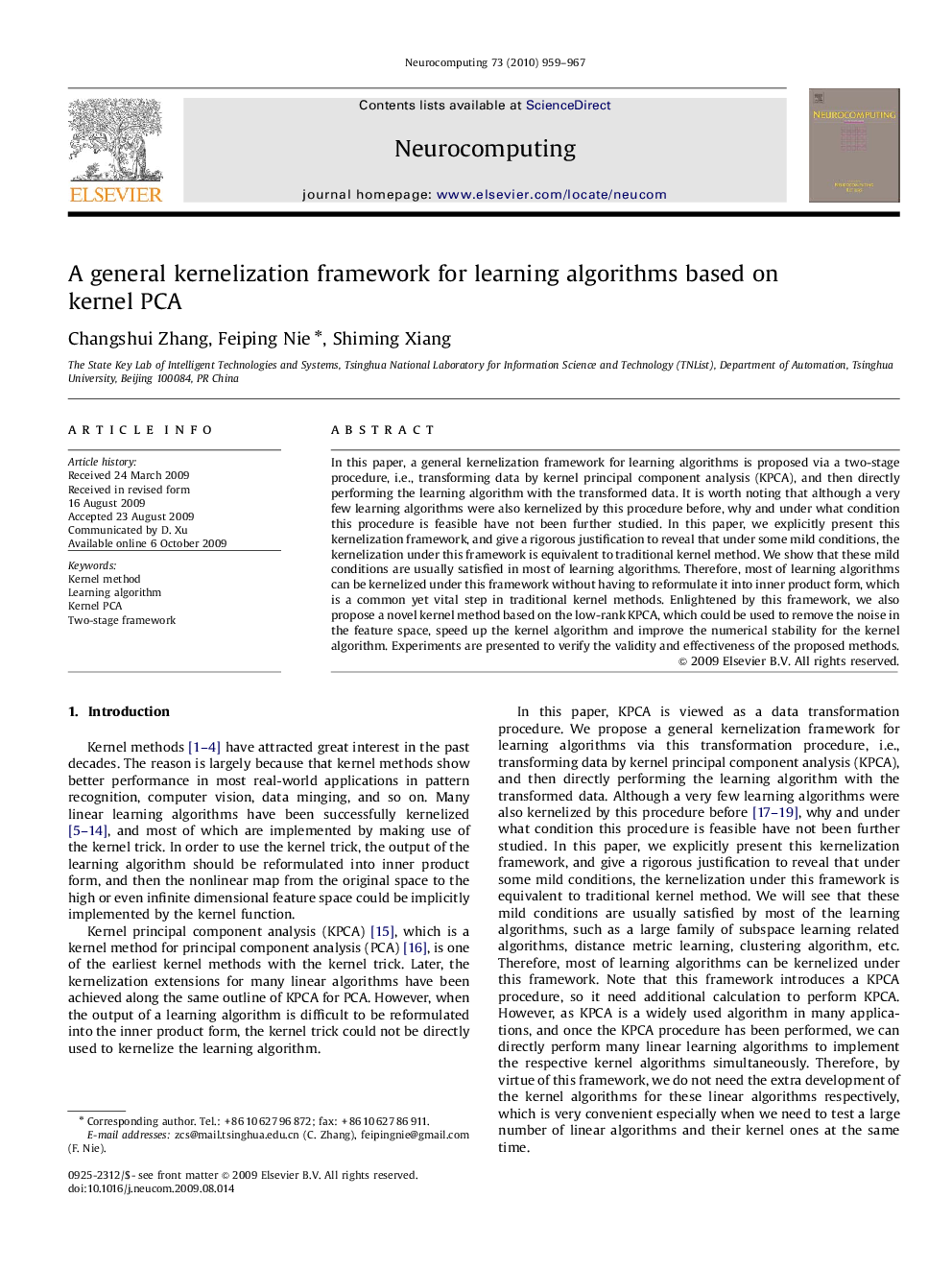 A general kernelization framework for learning algorithms based on kernel PCA