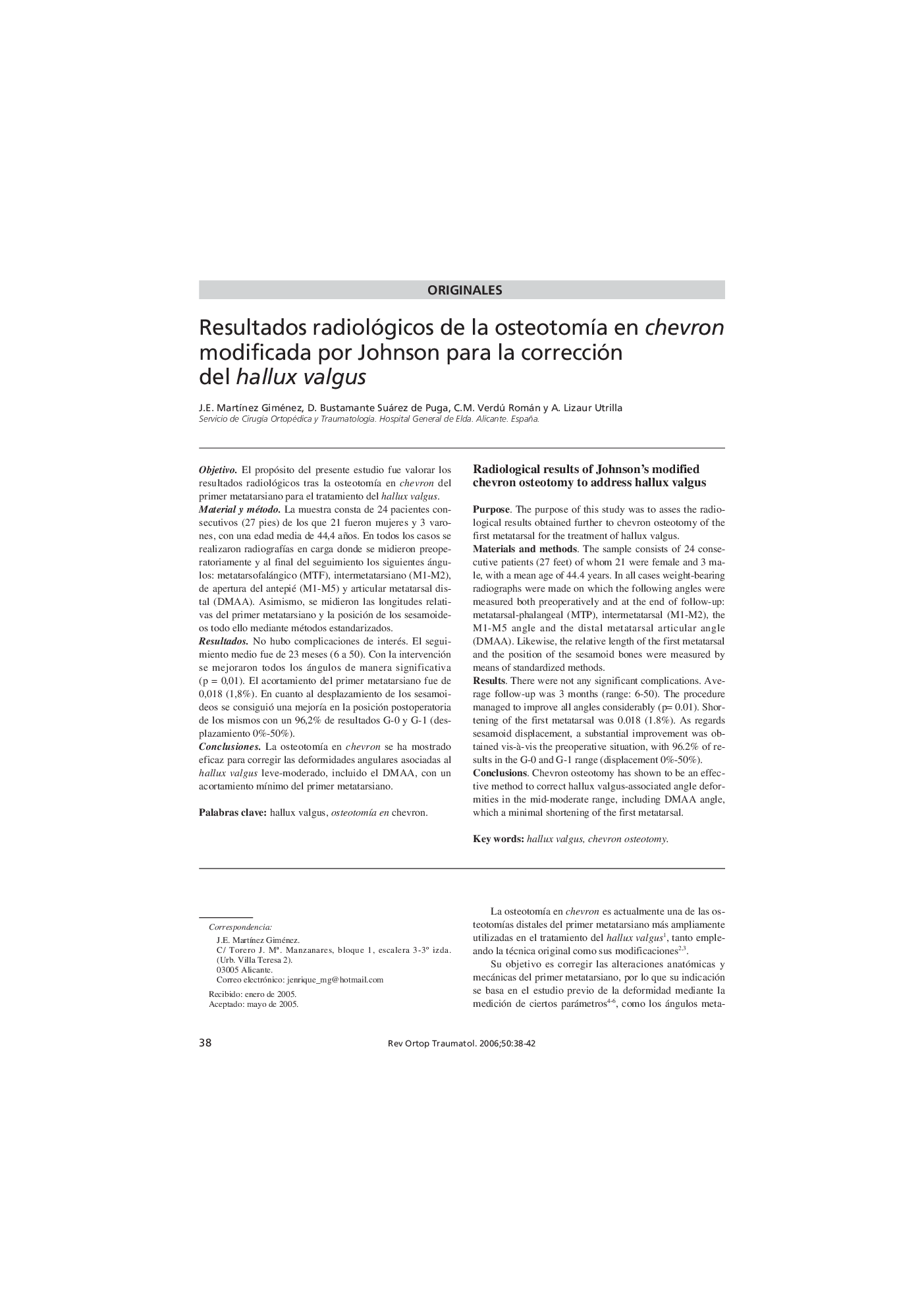 Resultados radiológicos de la osteotomía en chevron modificada por Johnson para la corrección del hallux valgus