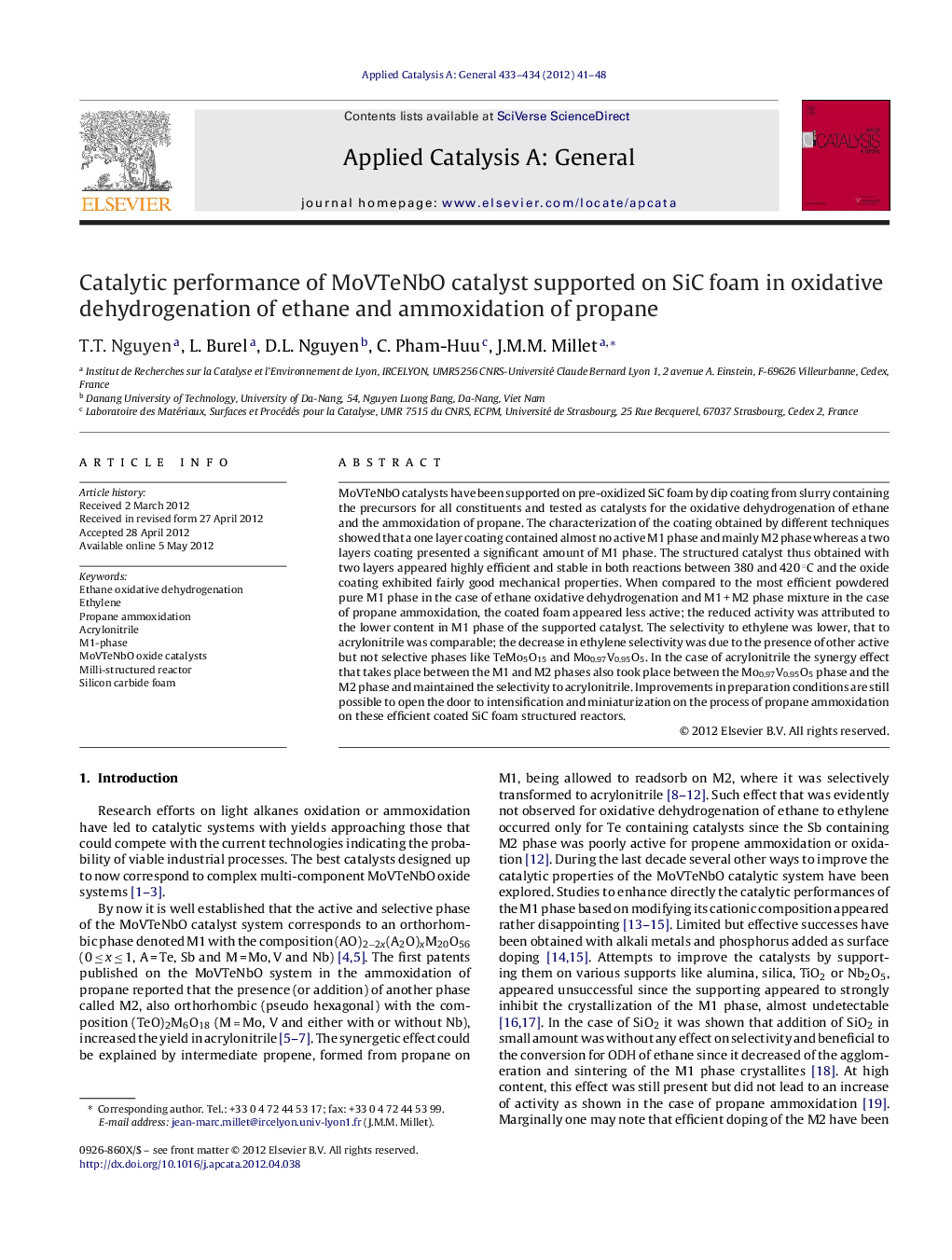 Catalytic performance of MoVTeNbO catalyst supported on SiC foam in oxidative dehydrogenation of ethane and ammoxidation of propane