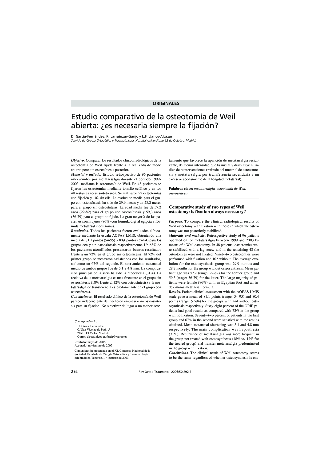 Estudio comparativo de la osteotomía de Weil abierta: ¿es necesaria siempre la fijación?