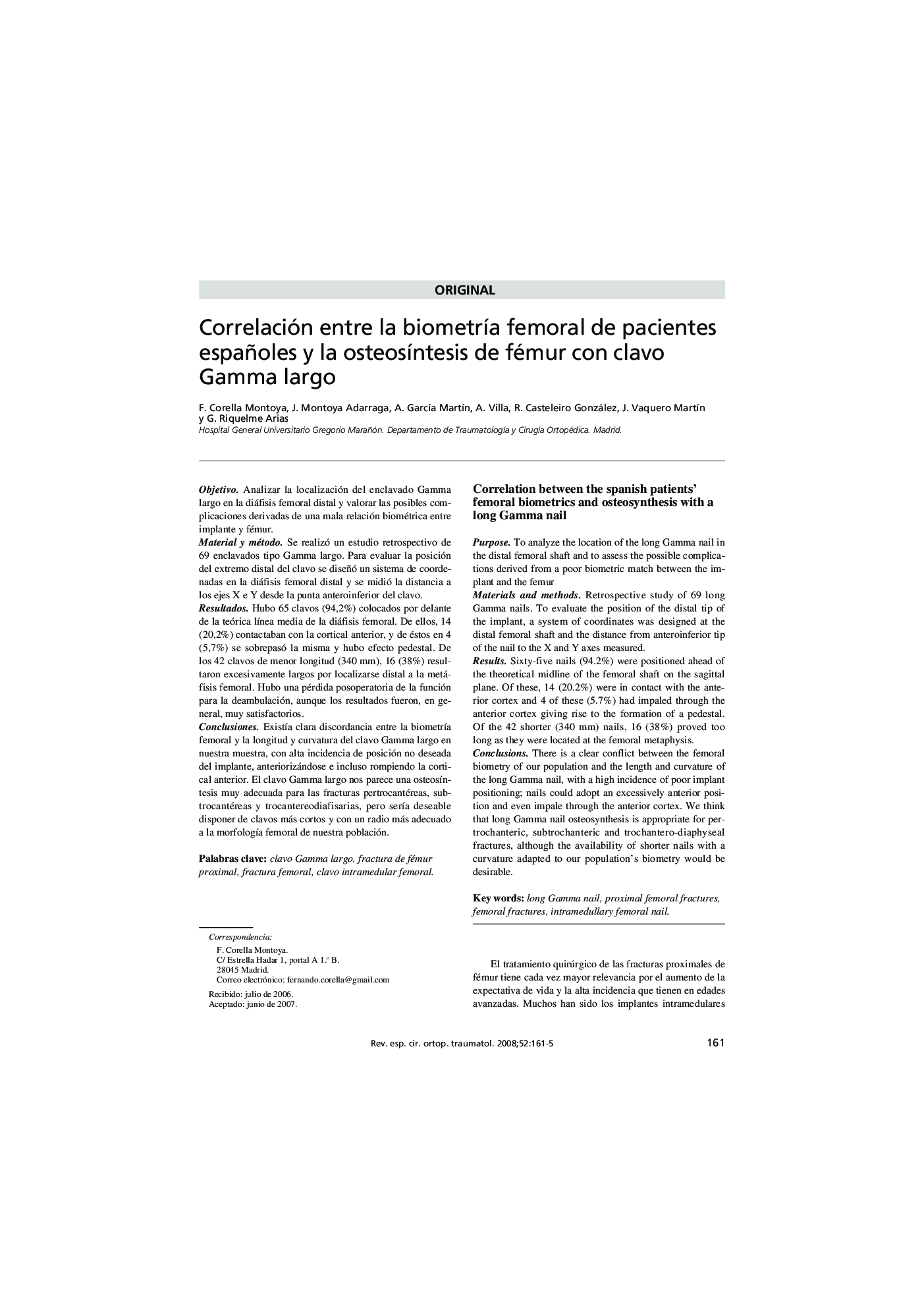 Correlación entre la biometrÃ­a femoral de pacientes españoles y la osteosÃ­ntesis de fémur con clavo Gamma largo