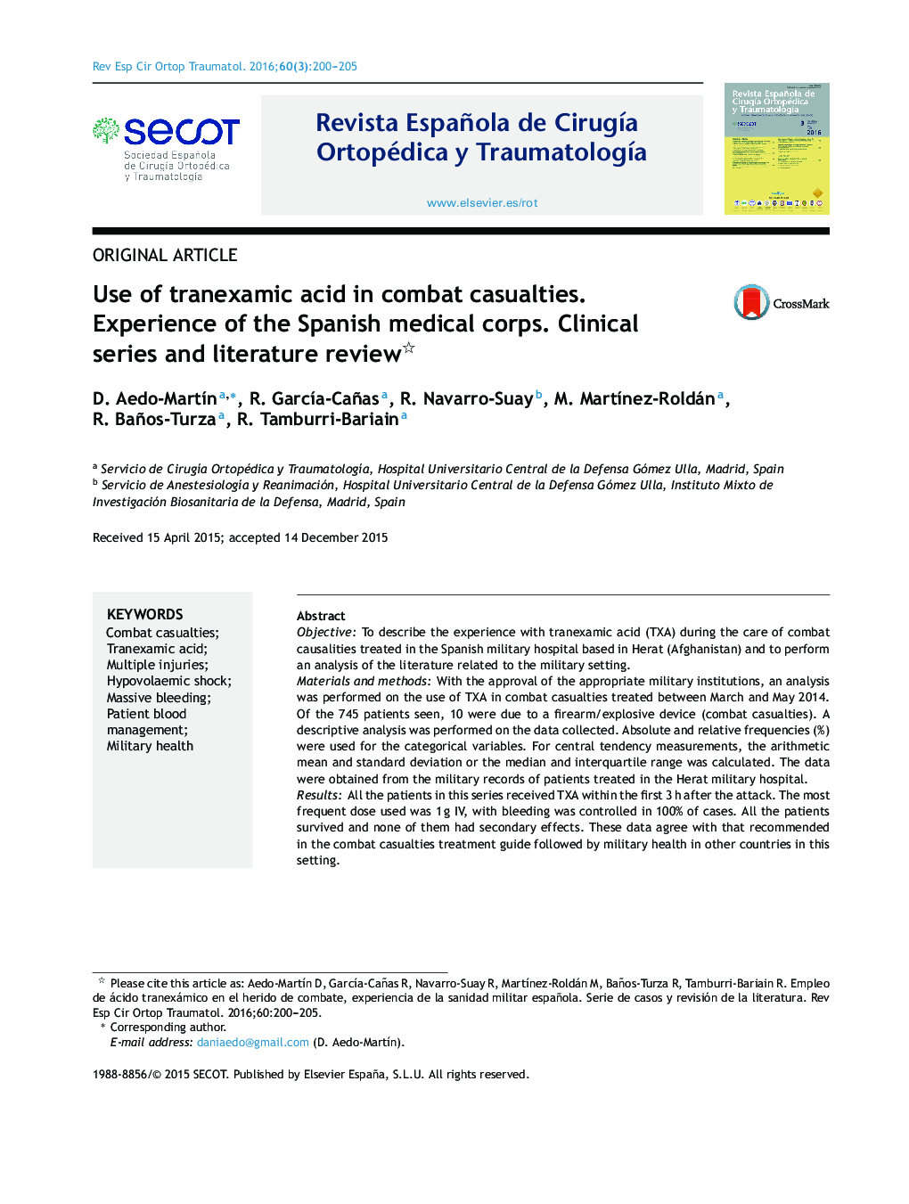 Use of tranexamic acid in combat casualties. Experience of the Spanish medical corps. Clinical series and literature review 