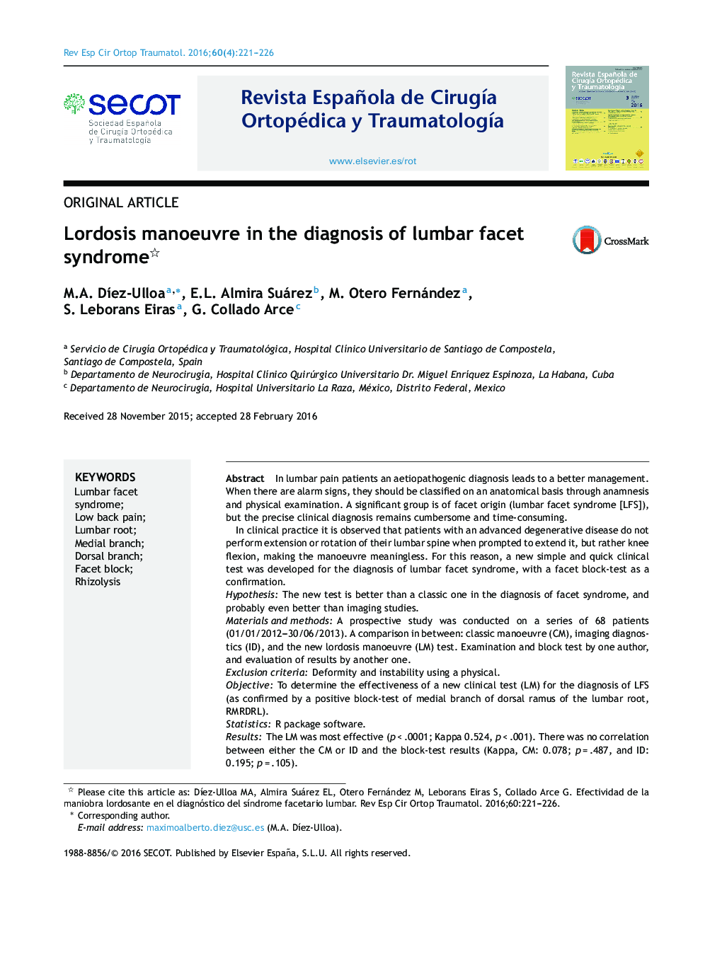 Lordosis manoeuvre in the diagnosis of lumbar facet syndrome 