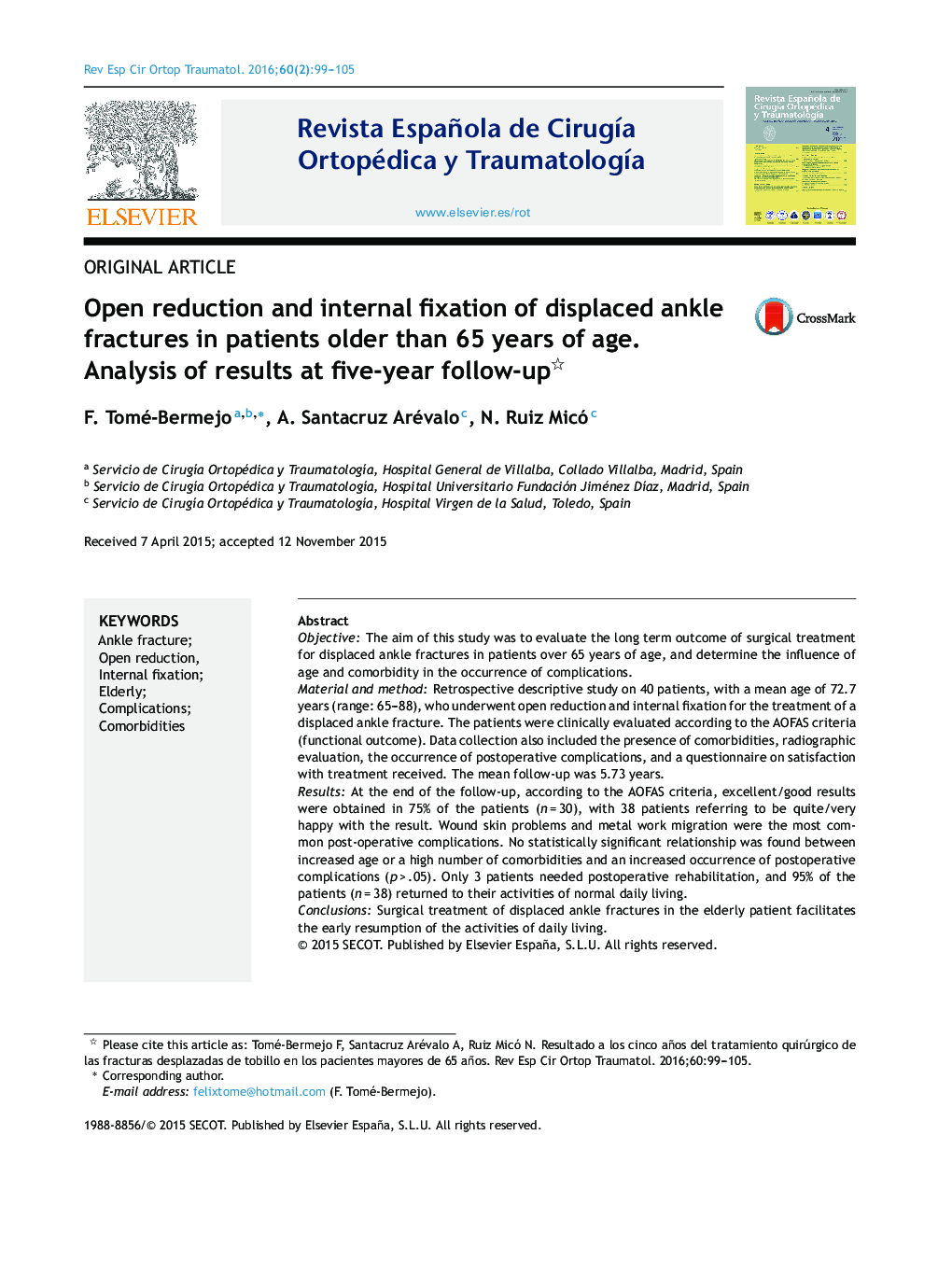Open reduction and internal fixation of displaced ankle fractures in patients older than 65 years of age. Analysis of results at five-year follow-up