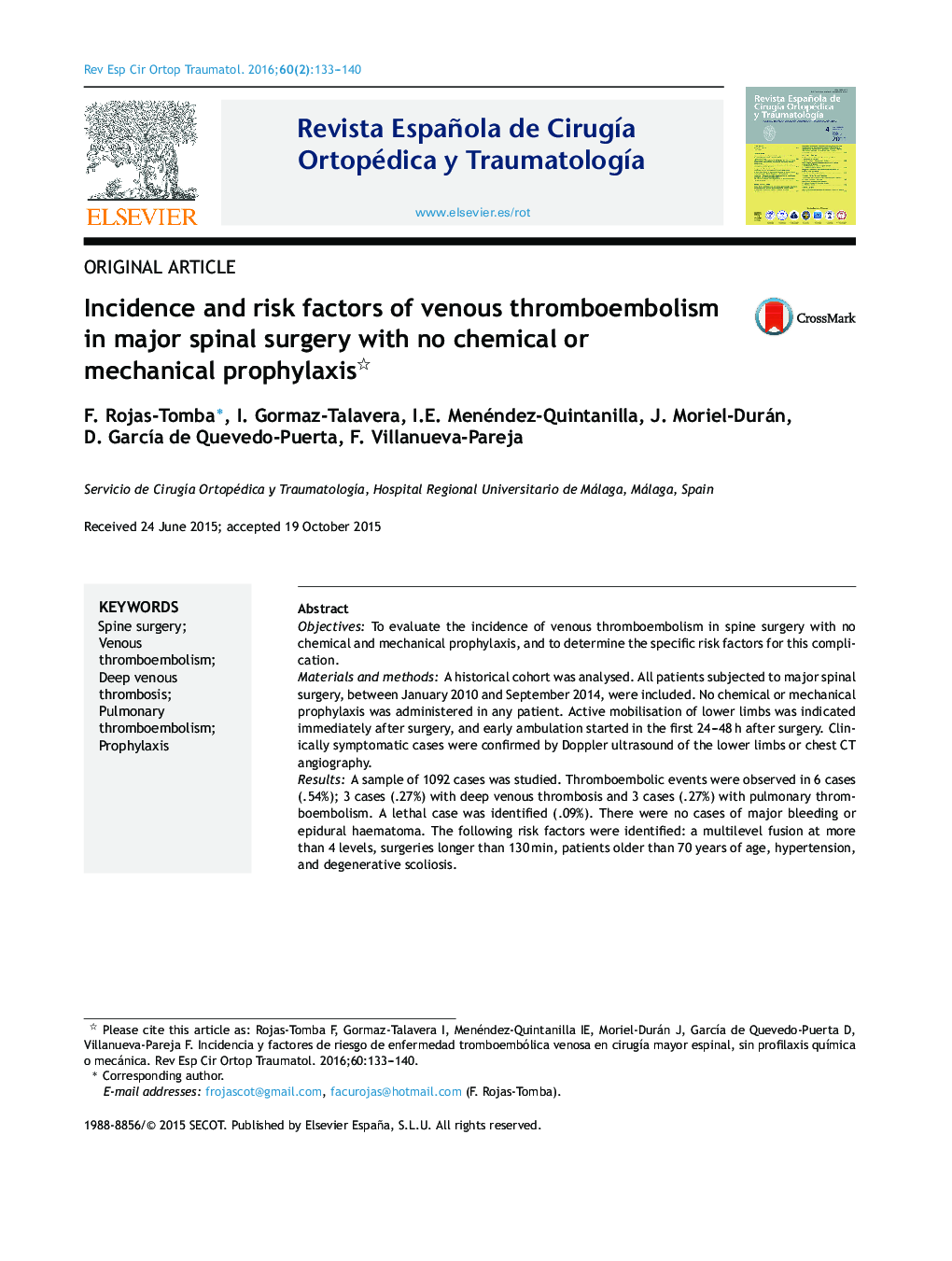 Incidence and risk factors of venous thromboembolism in major spinal surgery with no chemical or mechanical prophylaxis 