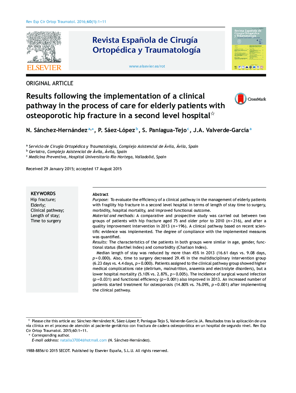 Results following the implementation of a clinical pathway in the process of care for elderly patients with osteoporotic hip fracture in a second level hospital 