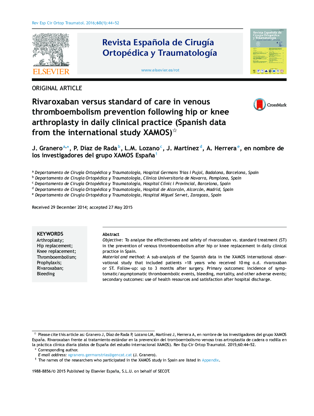 Rivaroxaban versus standard of care in venous thromboembolism prevention following hip or knee arthroplasty in daily clinical practice (Spanish data from the international study XAMOS)