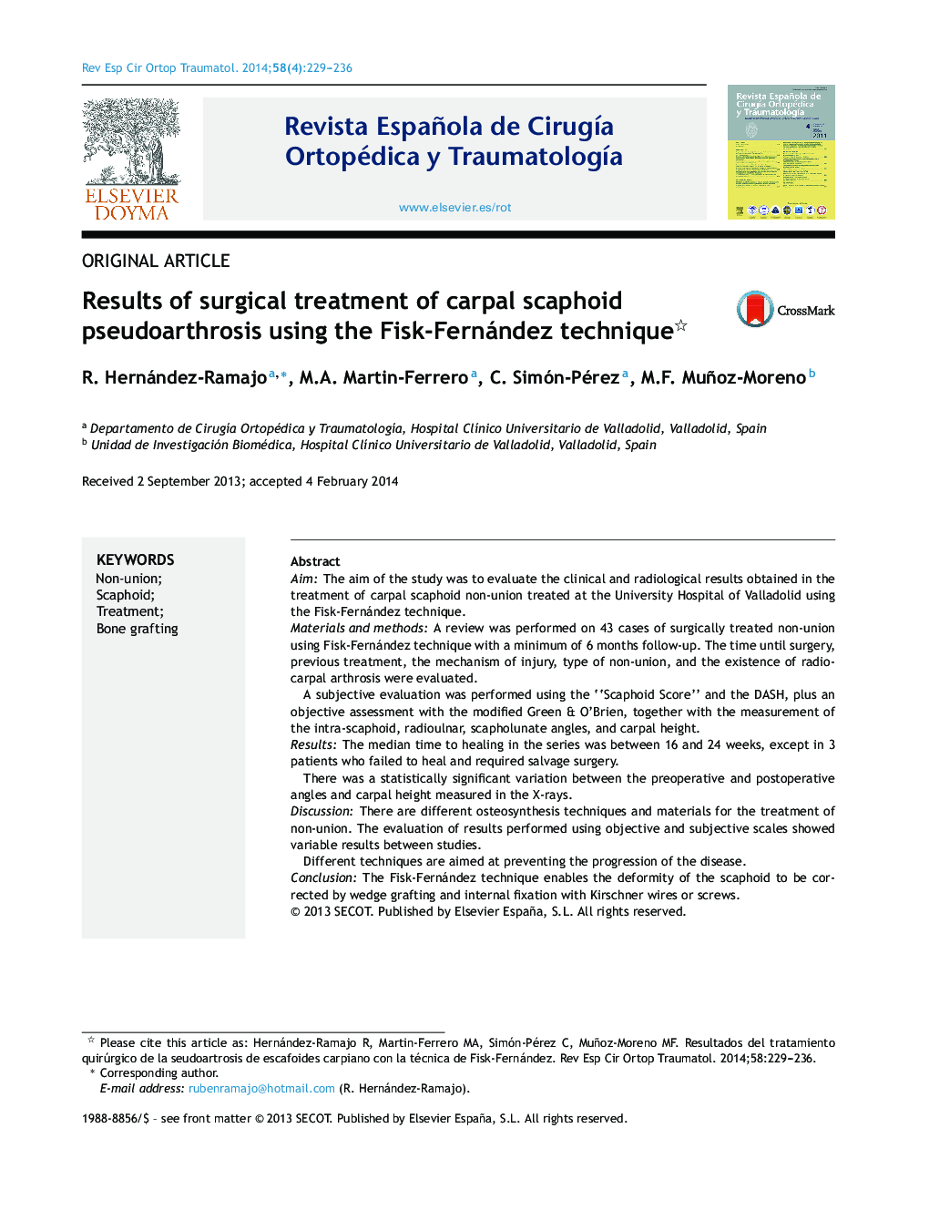 Results of surgical treatment of carpal scaphoid pseudoarthrosis using the Fisk-Fernández technique 