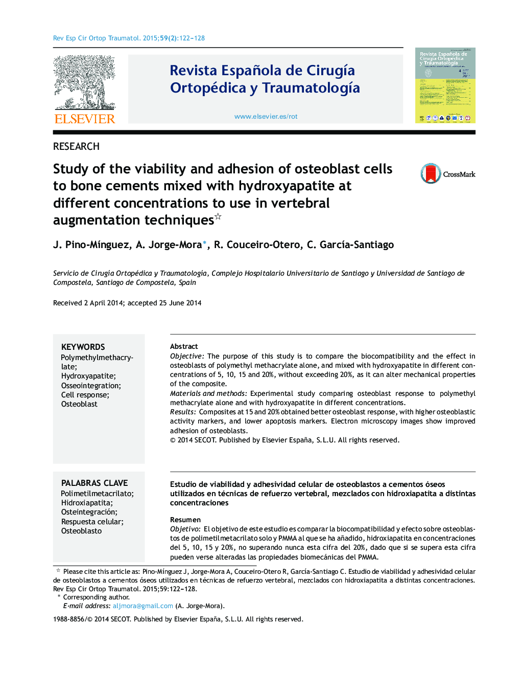 Study of the viability and adhesion of osteoblast cells to bone cements mixed with hydroxyapatite at different concentrations to use in vertebral augmentation techniques 