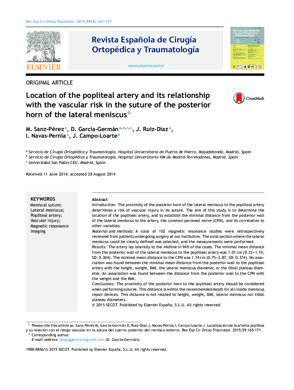 Location of the popliteal artery and its relationship with the vascular risk in the suture of the posterior horn of the lateral meniscus