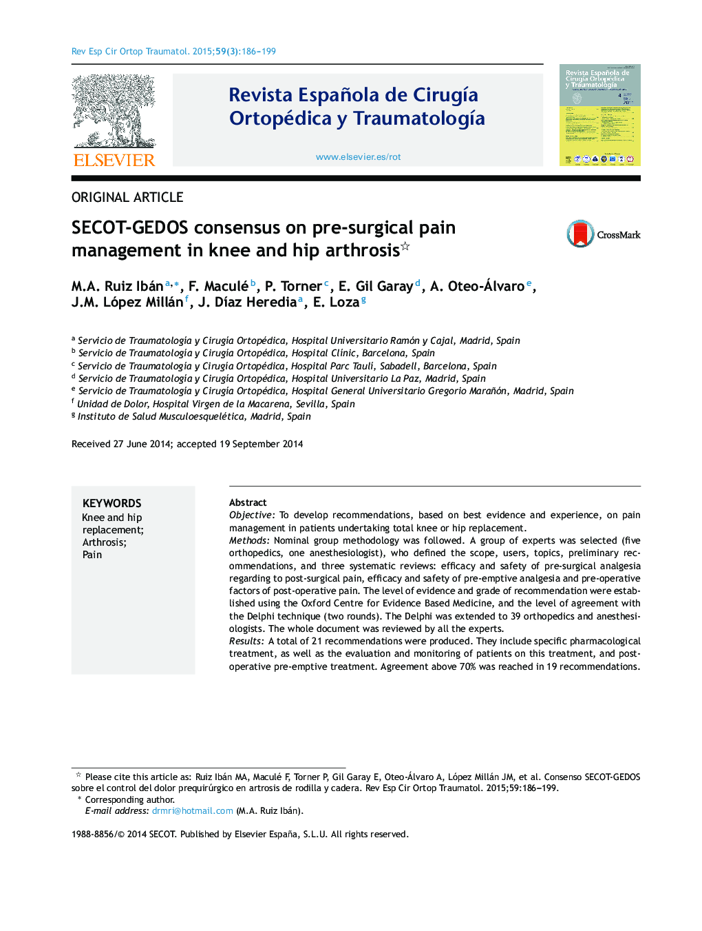 SECOT-GEDOS consensus on pre-surgical pain management in knee and hip arthrosis 