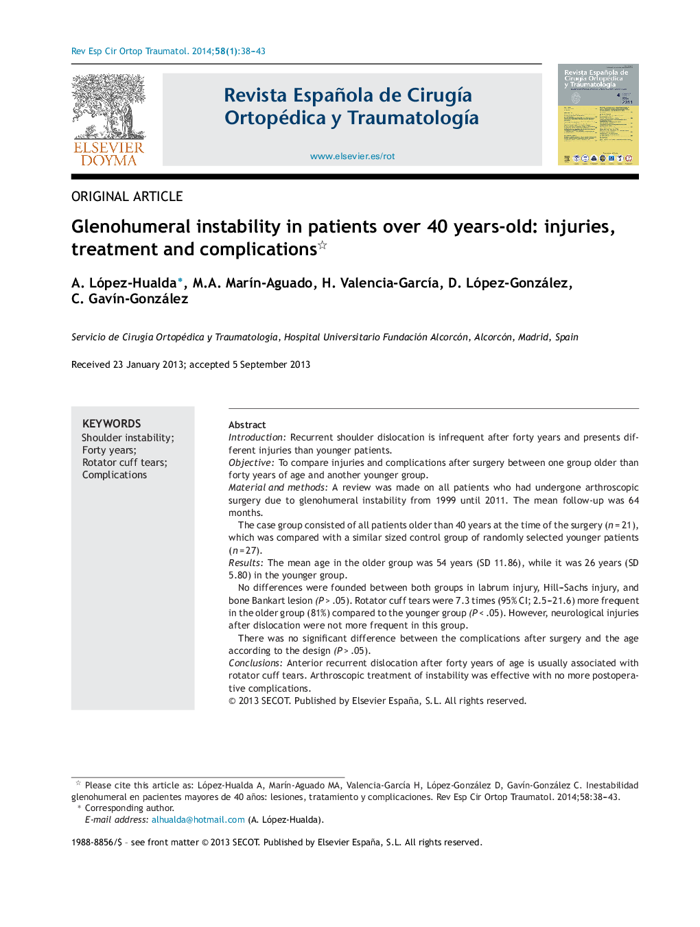 Glenohumeral instability in patients over 40 years-old: injuries, treatment and complications 