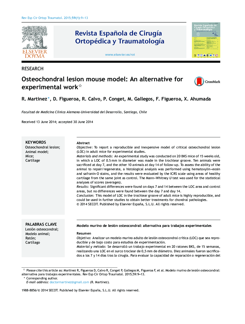 Osteochondral lesion mouse model: An alternative for experimental work 