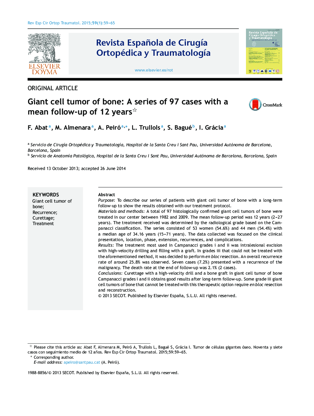 Giant cell tumor of bone: A series of 97 cases with a mean follow-up of 12 years 