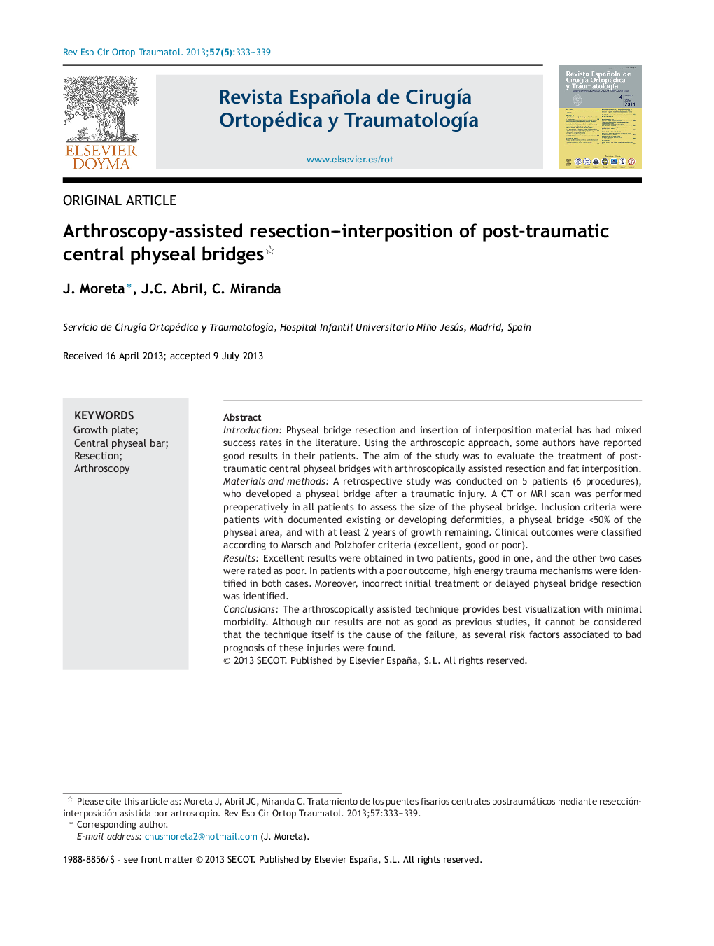 Arthroscopy-assisted resection–interposition of post-traumatic central physeal bridges 