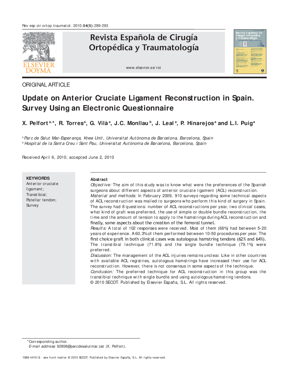 عکس صفحه اول مقاله: Update on Anterior Cruciate Ligament Reconstruction in Spain. Survey Using an Electronic Questionnaire Update on Anterior Cruciate Ligament Reconstruction in Spain. Survey Using an Electronic Questionnaire