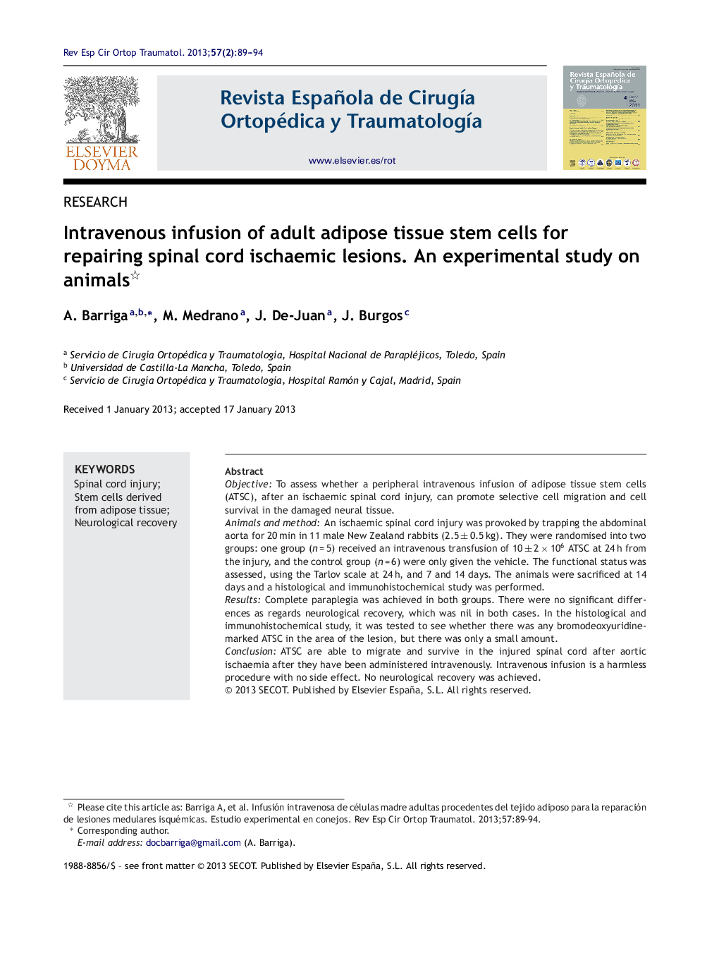 Intravenous infusion of adult adipose tissue stem cells for repairing spinal cord ischaemic lesions. An experimental study on animals