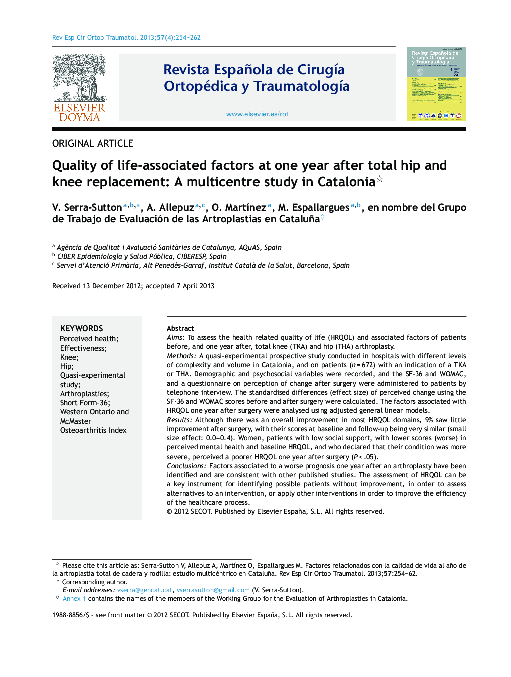 Quality of life-associated factors at one year after total hip and knee replacement: A multicentre study in Catalonia 