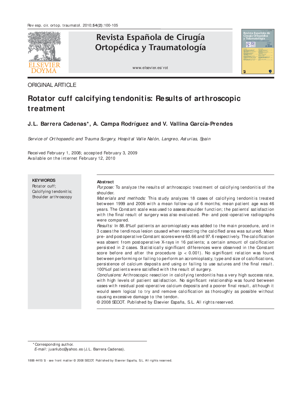 Rotator cuff calcifying tendonitis: Results of arthroscopic treatment