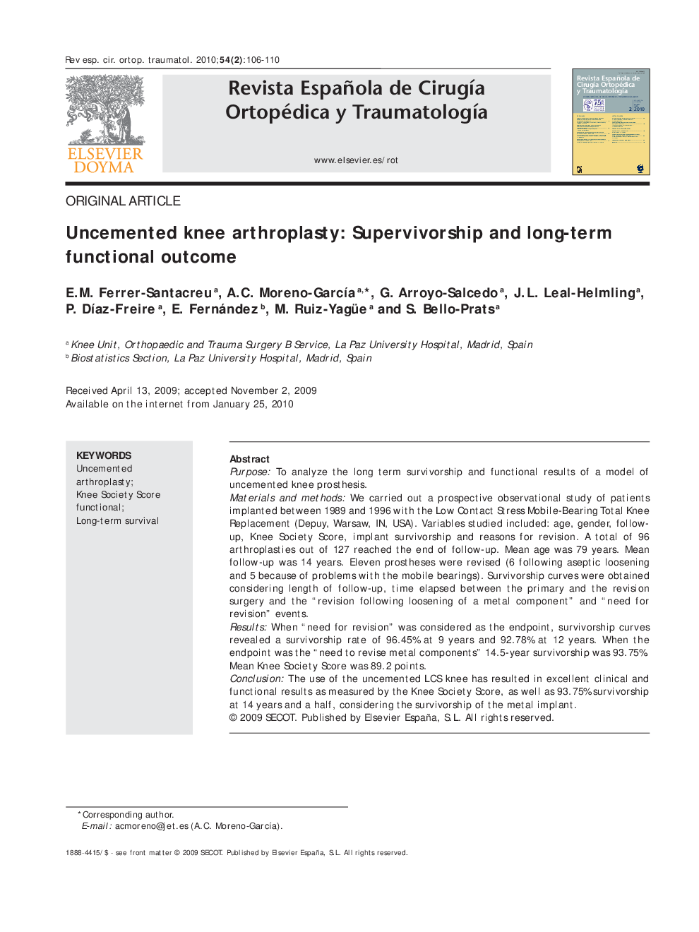 Uncemented knee arthroplasty: Supervivorship and long-term functional outcome