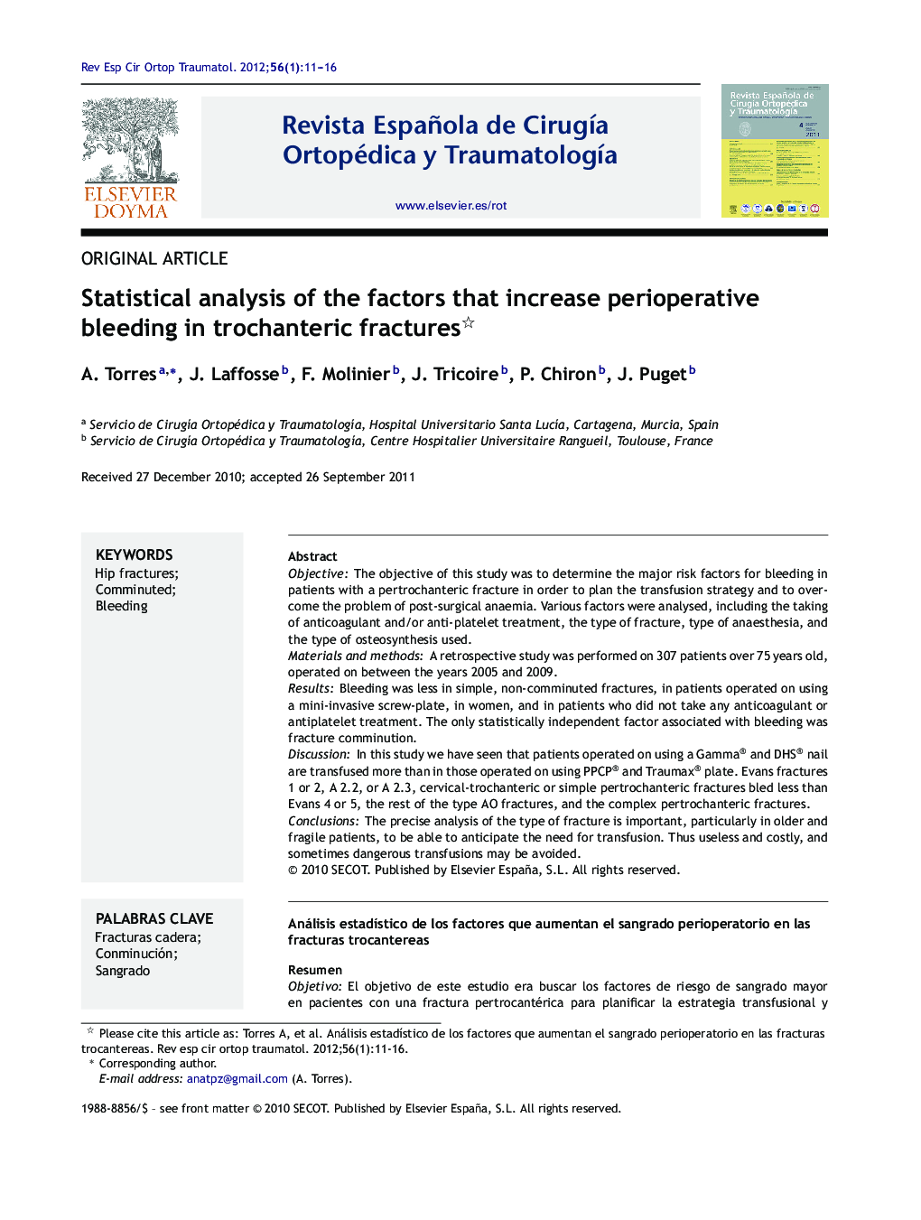 Statistical analysis of the factors that increase perioperative bleeding in trochanteric fractures 